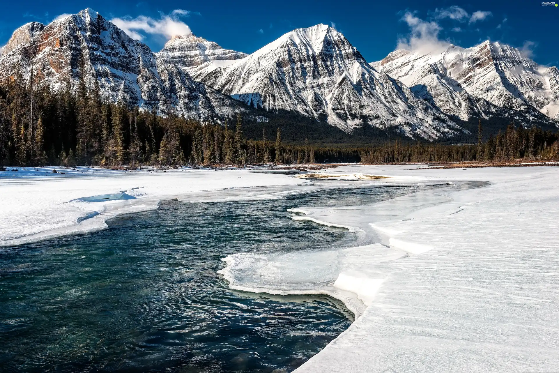 Canada, winter, River, Mountains