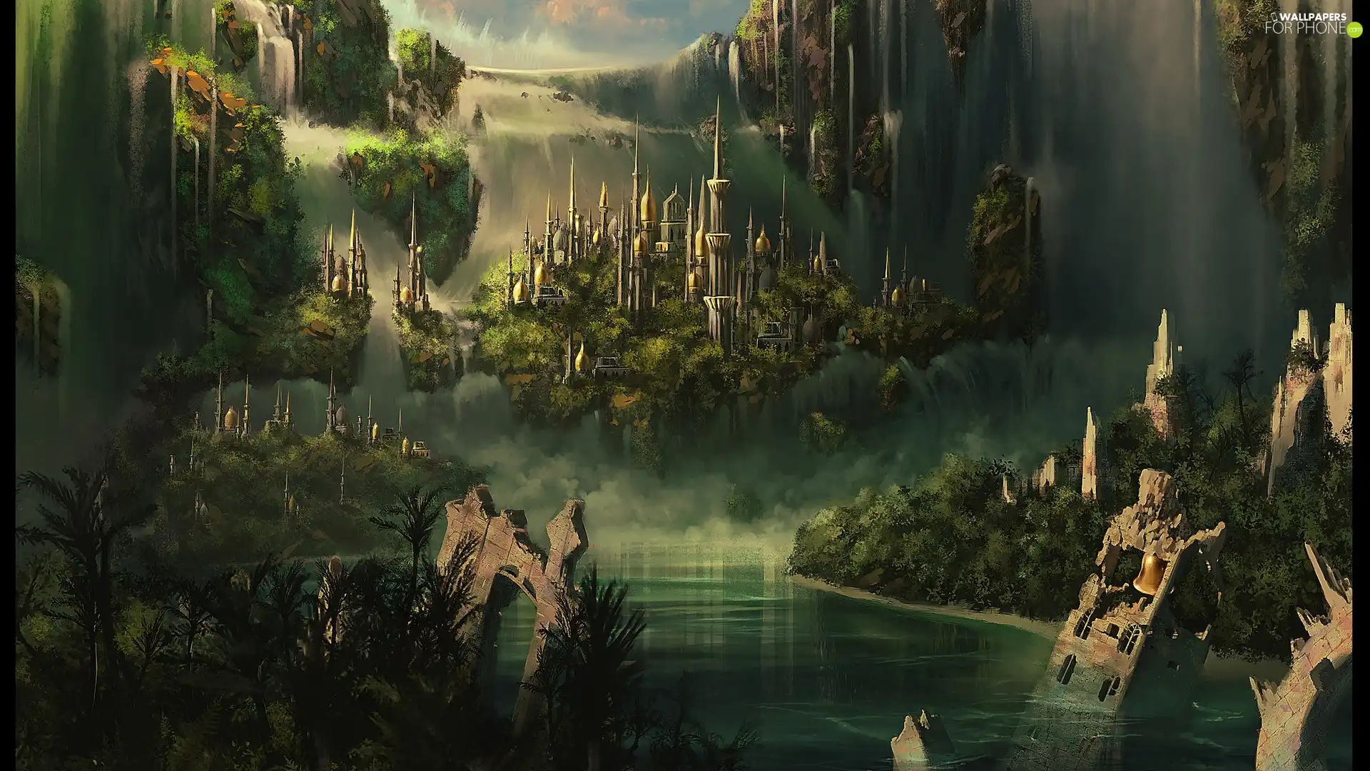 Castle, waterfall, River, ruins