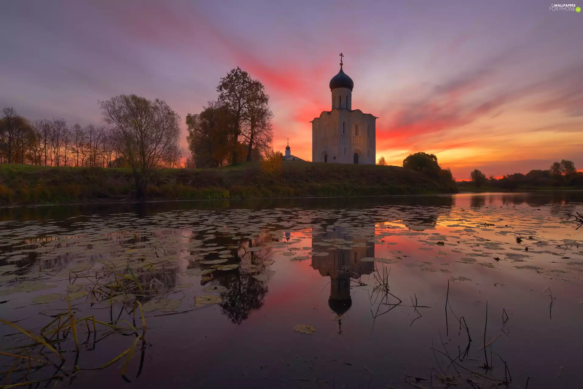 viewes, Great Sunsets, River, trees, Cerkiew