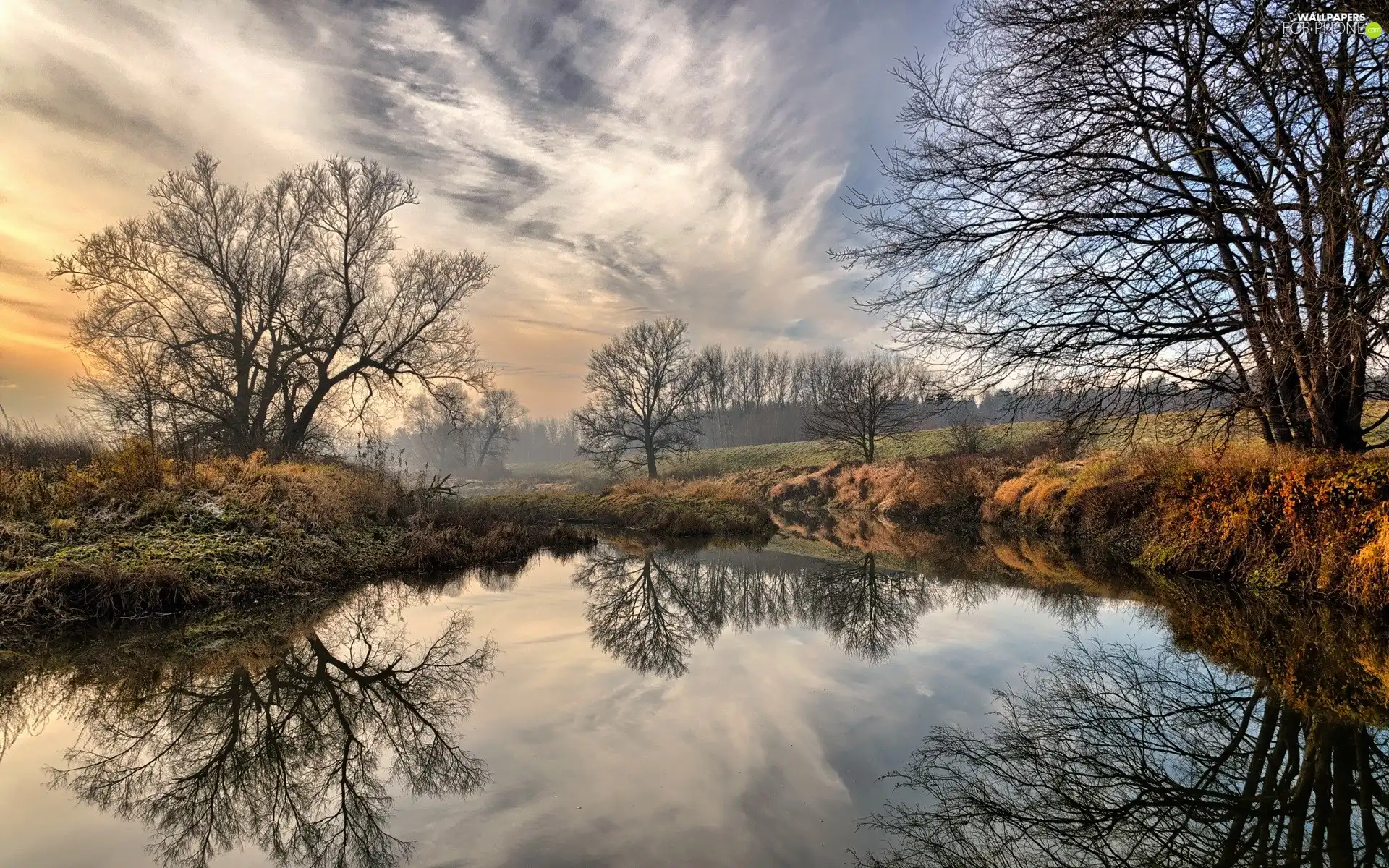 River, clouds, trees, viewes, autumn