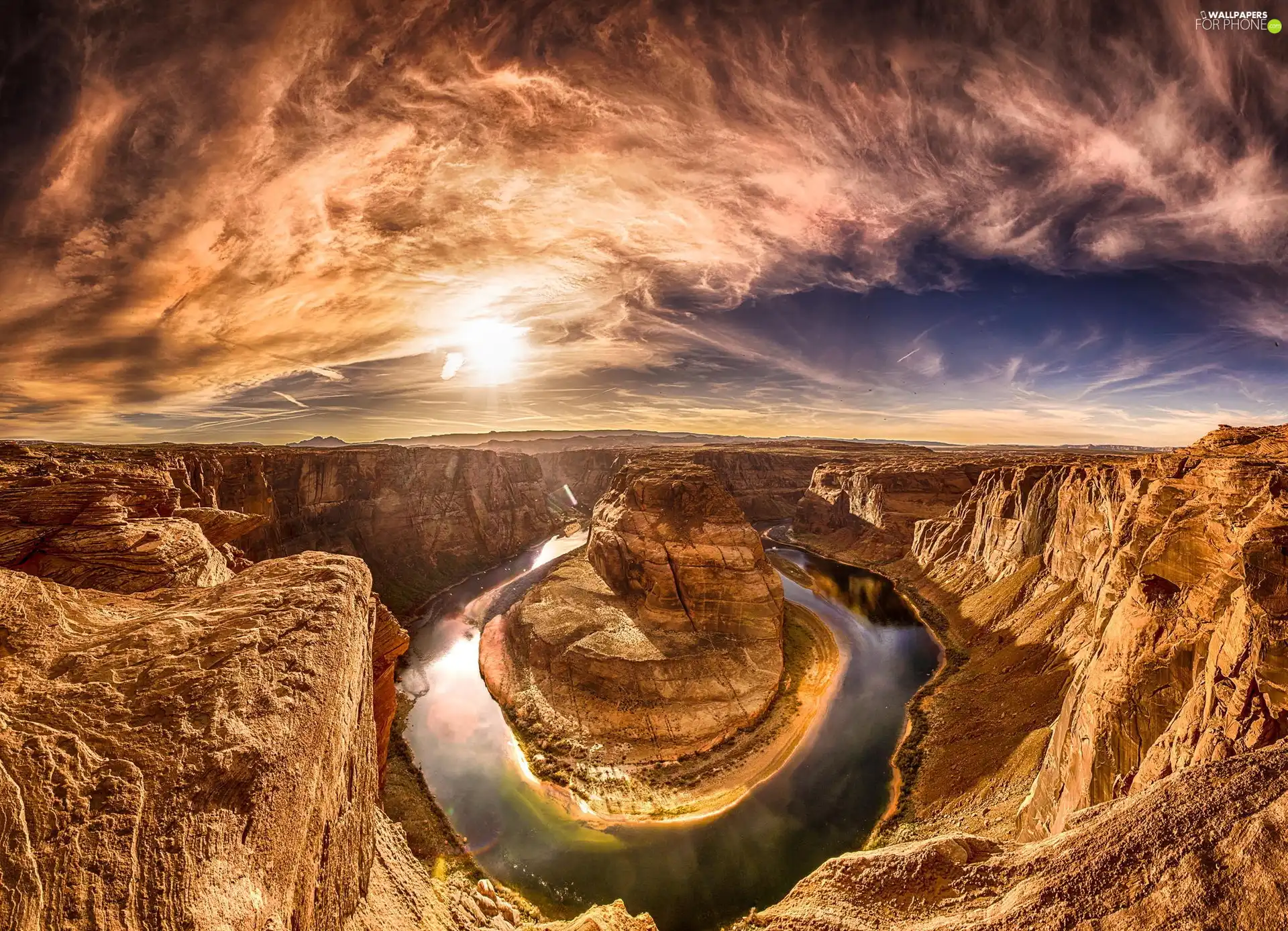 River, clouds, sun, canyon, west