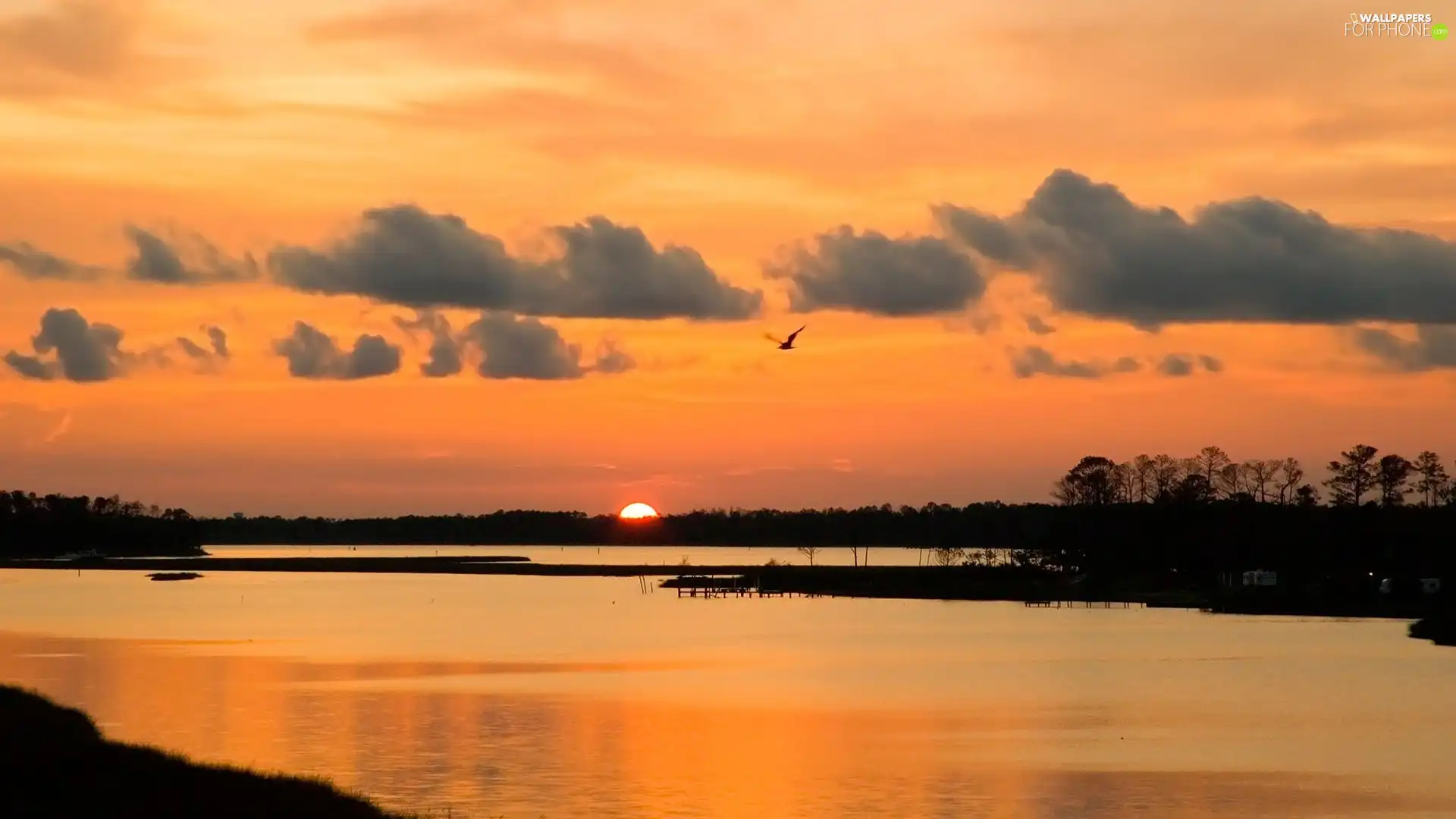 River, clouds, sun, rays, west