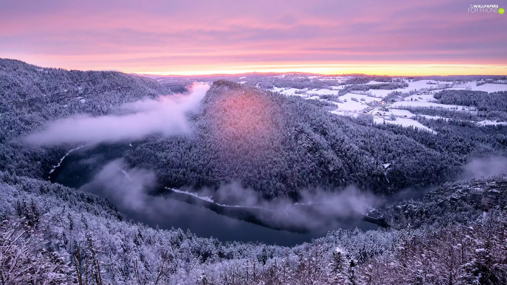 Houses, woods, Fog, River, Mountains, winter, Sunrise