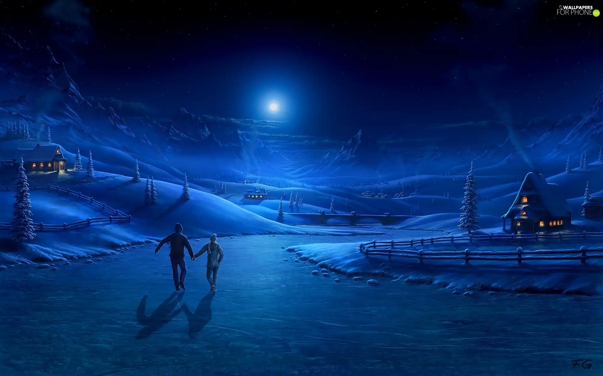 Frozen, winter, skaters, Mountains, River, Night