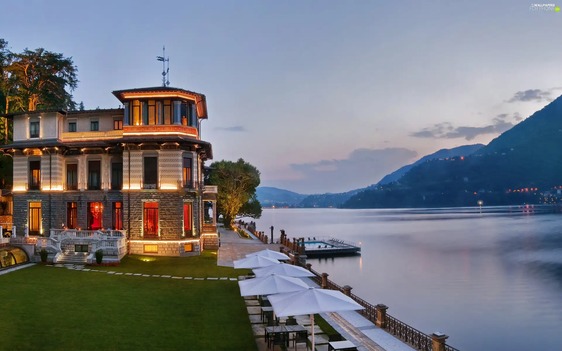 Hotel hall, Mountains, River, terrace