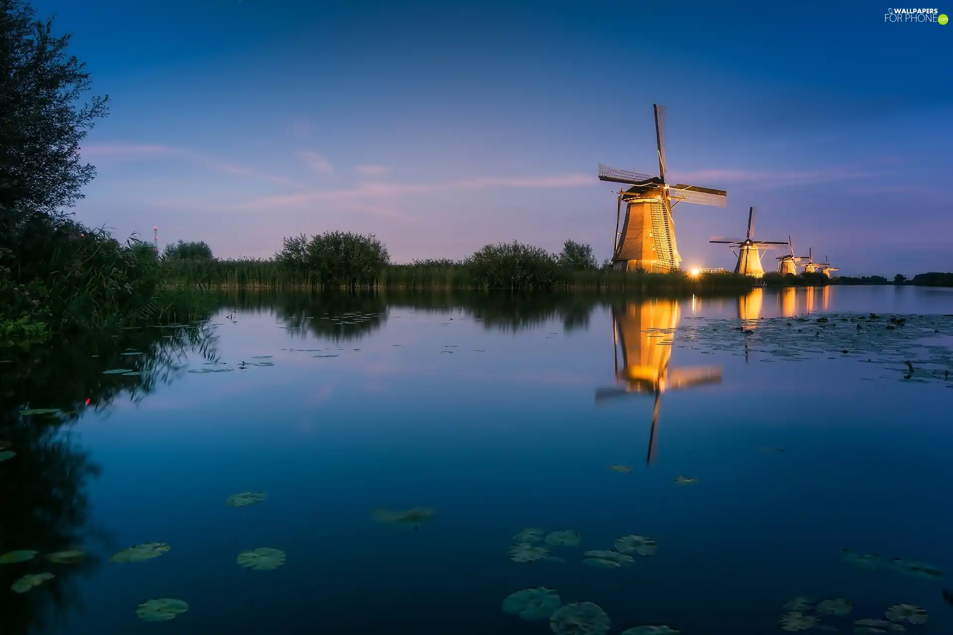 River, Sunrise, Kinderdijk Village, Windmills, Netherlands