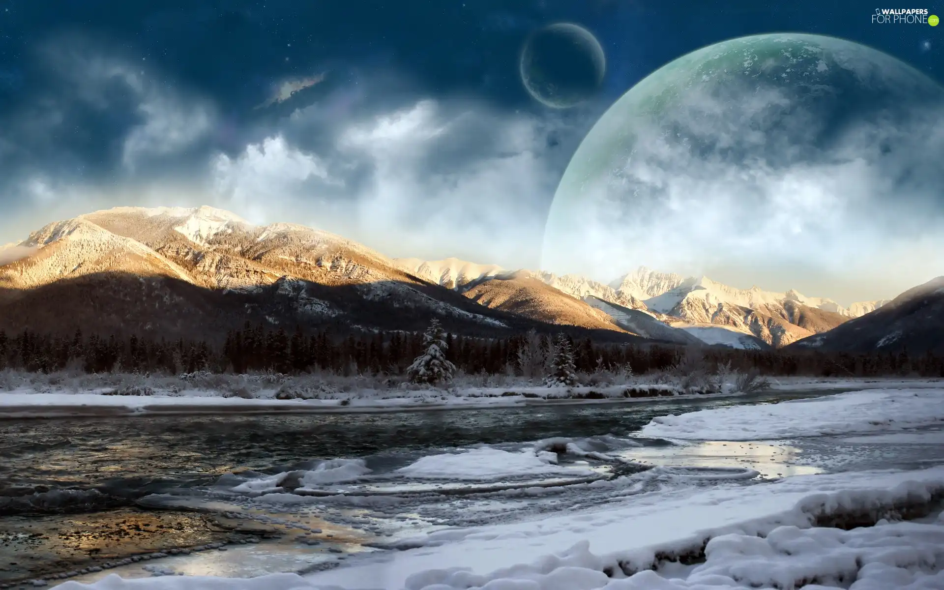 River, moon, Mountains