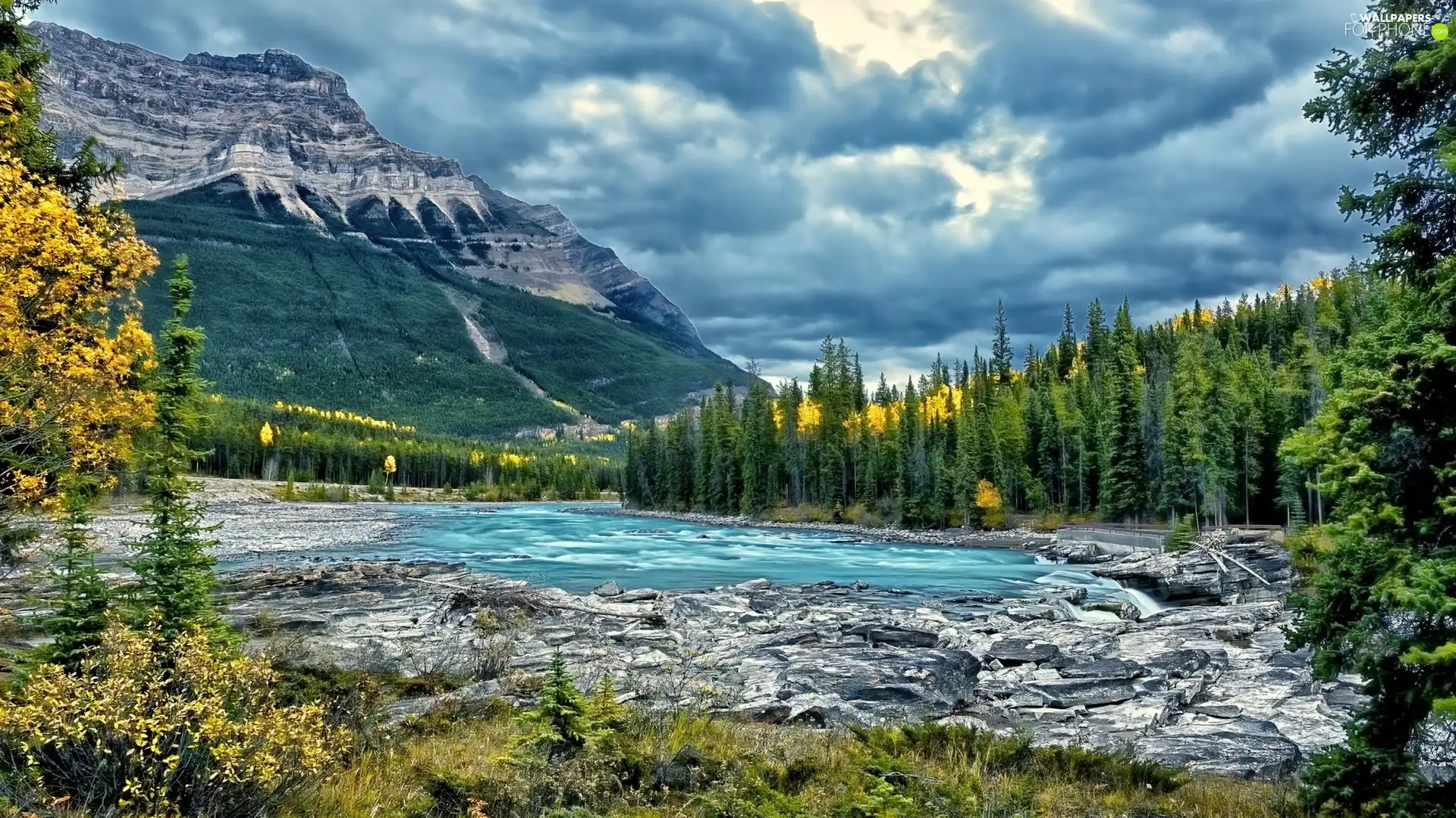 Mountains, woods, River, clouds