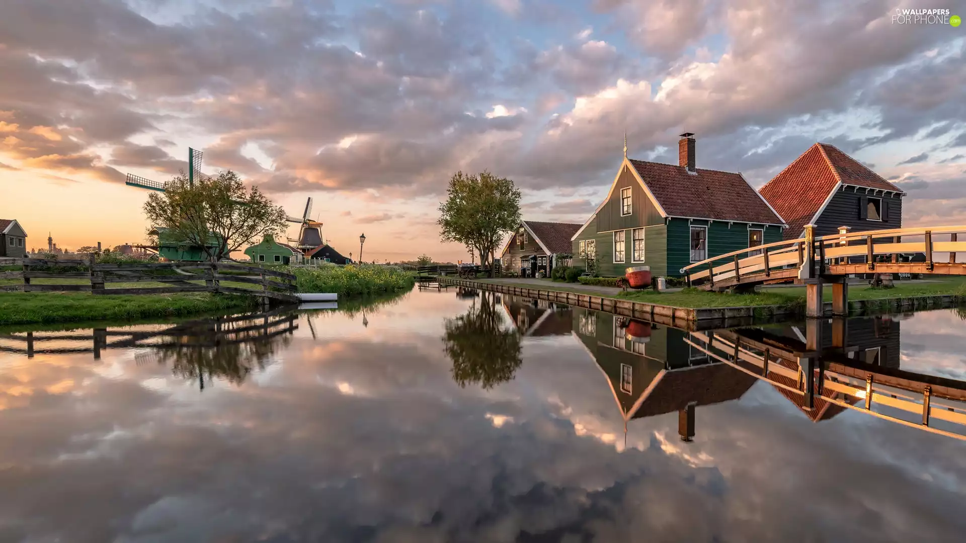 Zaanse Schans Open Air Museum, Netherlands, Zaandam City, River, Houses, clouds, bridge, Windmills, canal