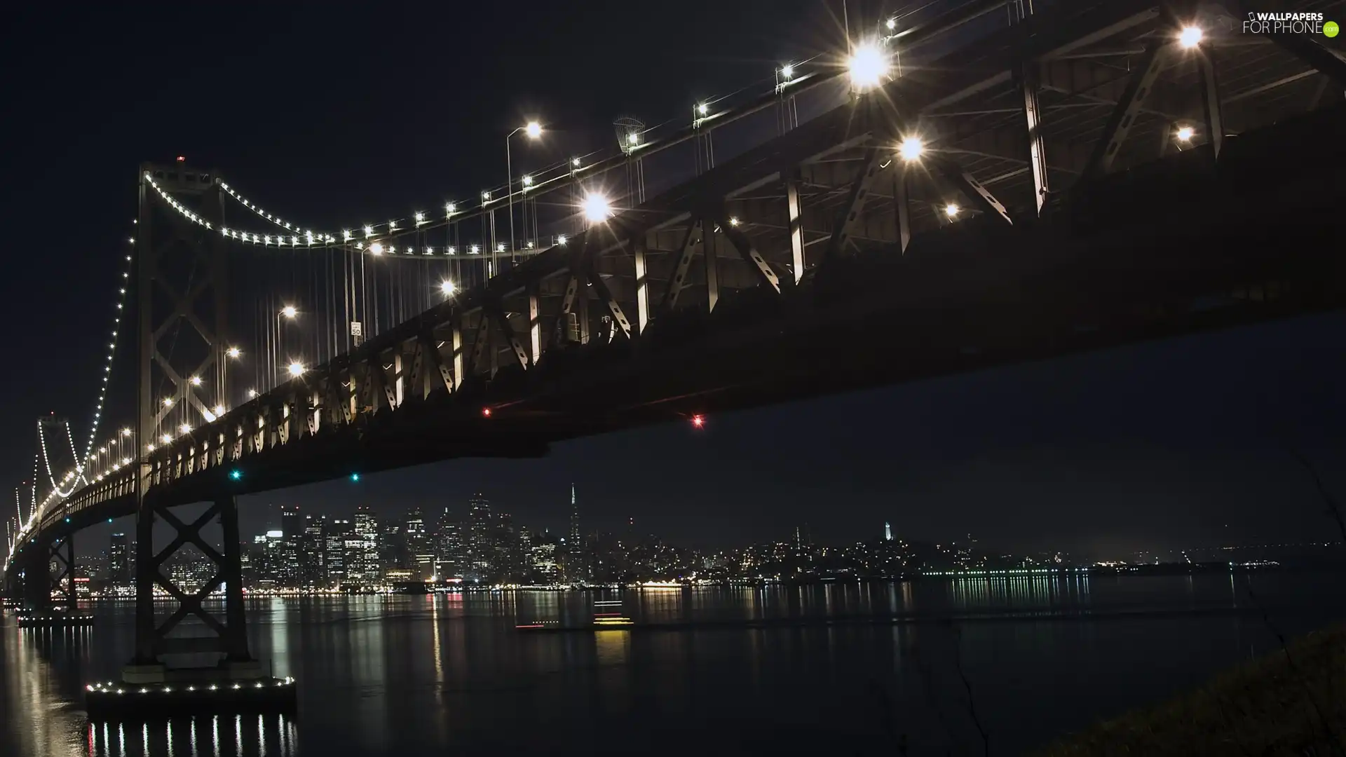 Night, bridge, River, Illuminated