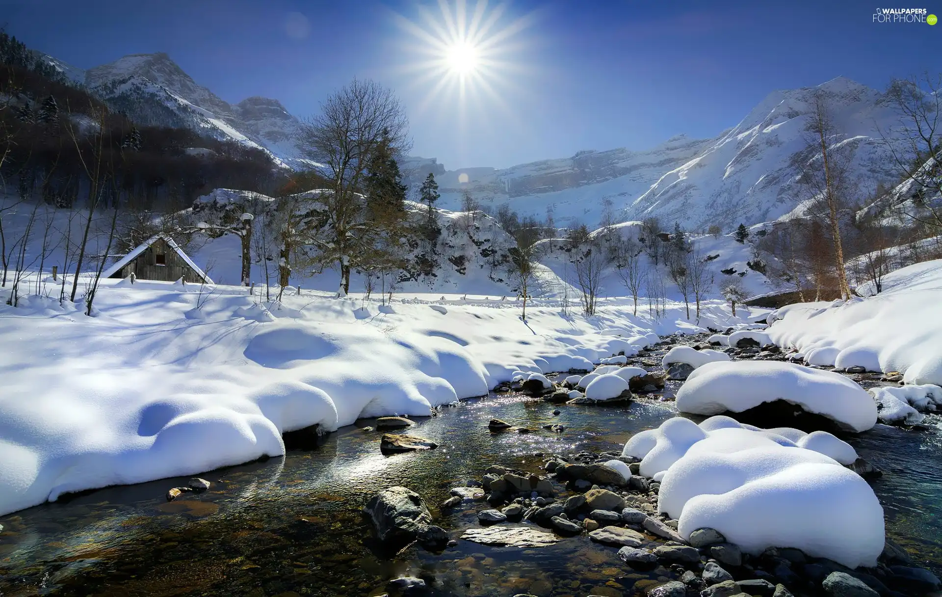 Mountains, winter, trees, viewes, rays of the Sun, River