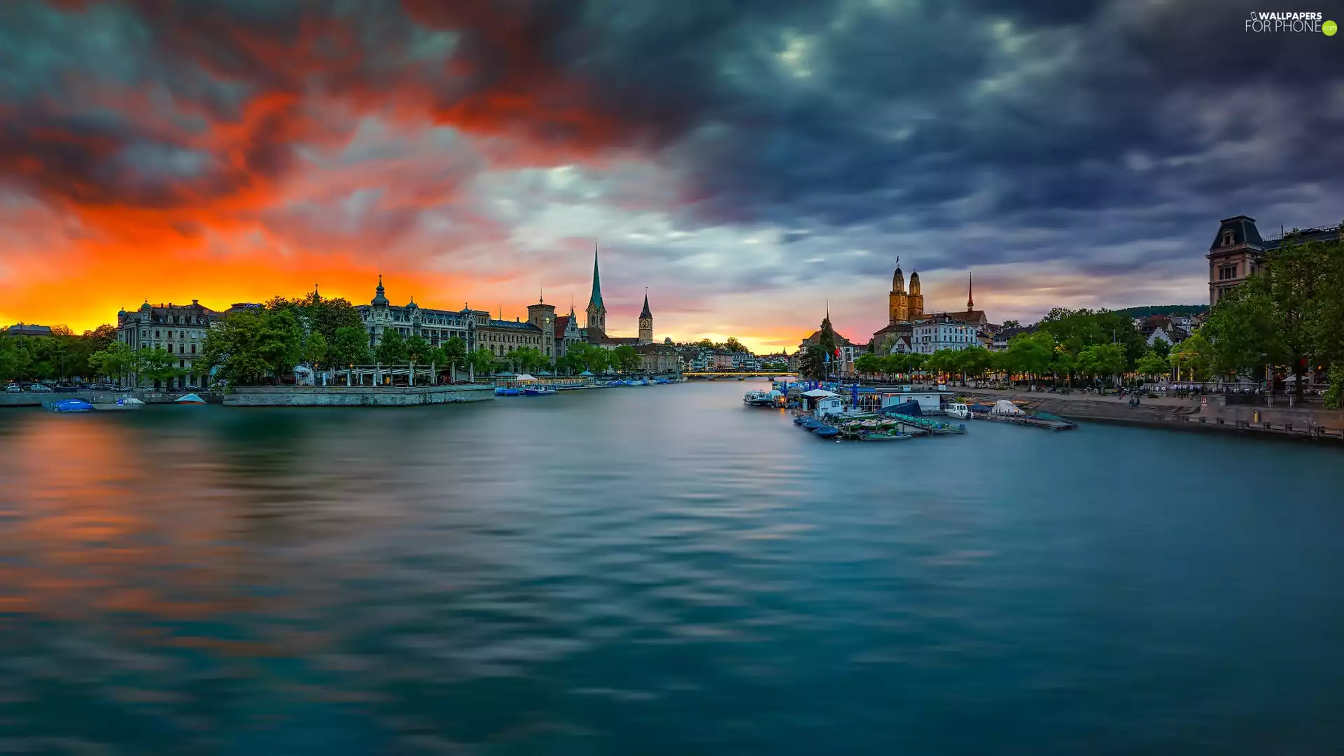 River Limmat, boats, Great Sunsets, bridge, Churches, Zurich, Switzerland, Houses