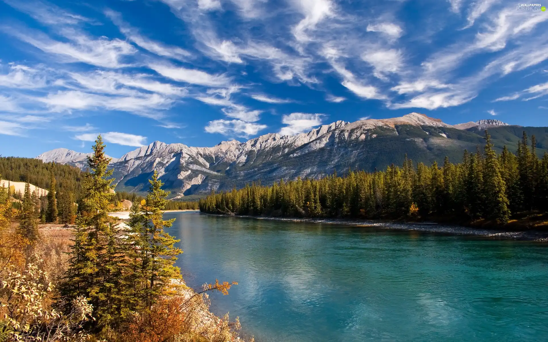 River, Mountains, woods