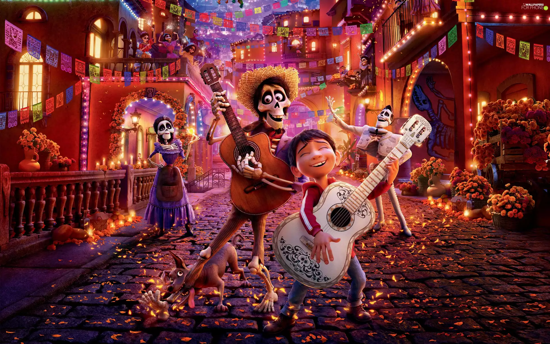Santa Cecilia Village, movie, skeletons, Boy - Miguel Rivera, flags, Flowers, dog, Coco, Animated, light, Guitars