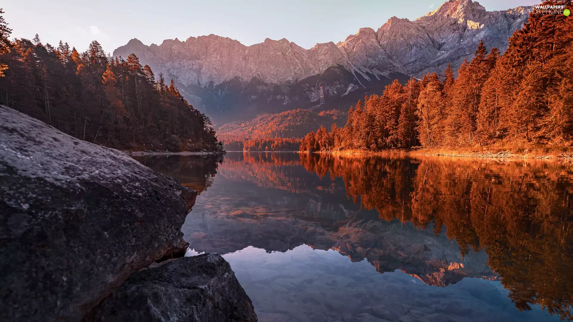 trees, lake, autumn, rocks, Mountains, viewes, reflection