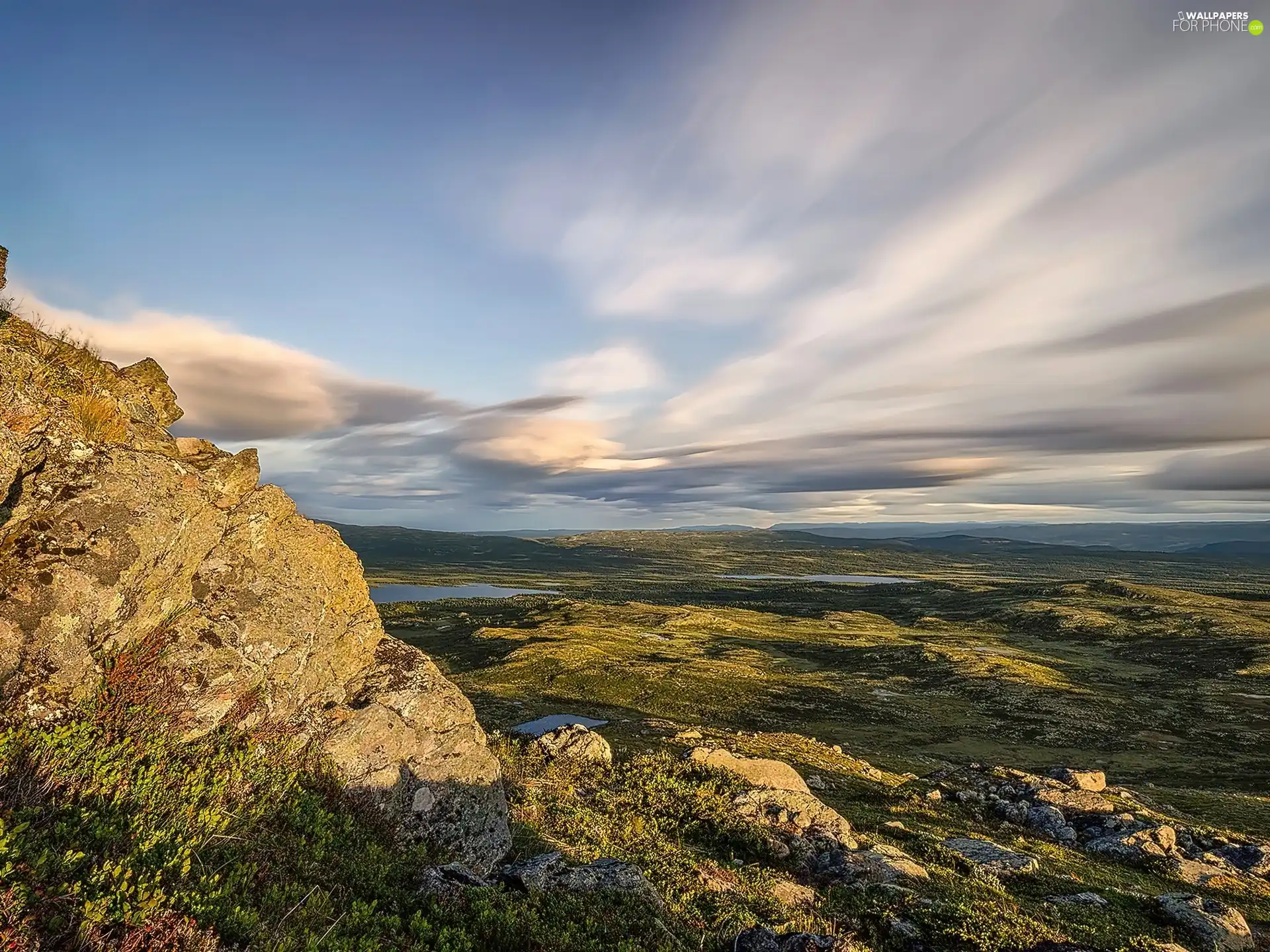 rocks, plain, clouds