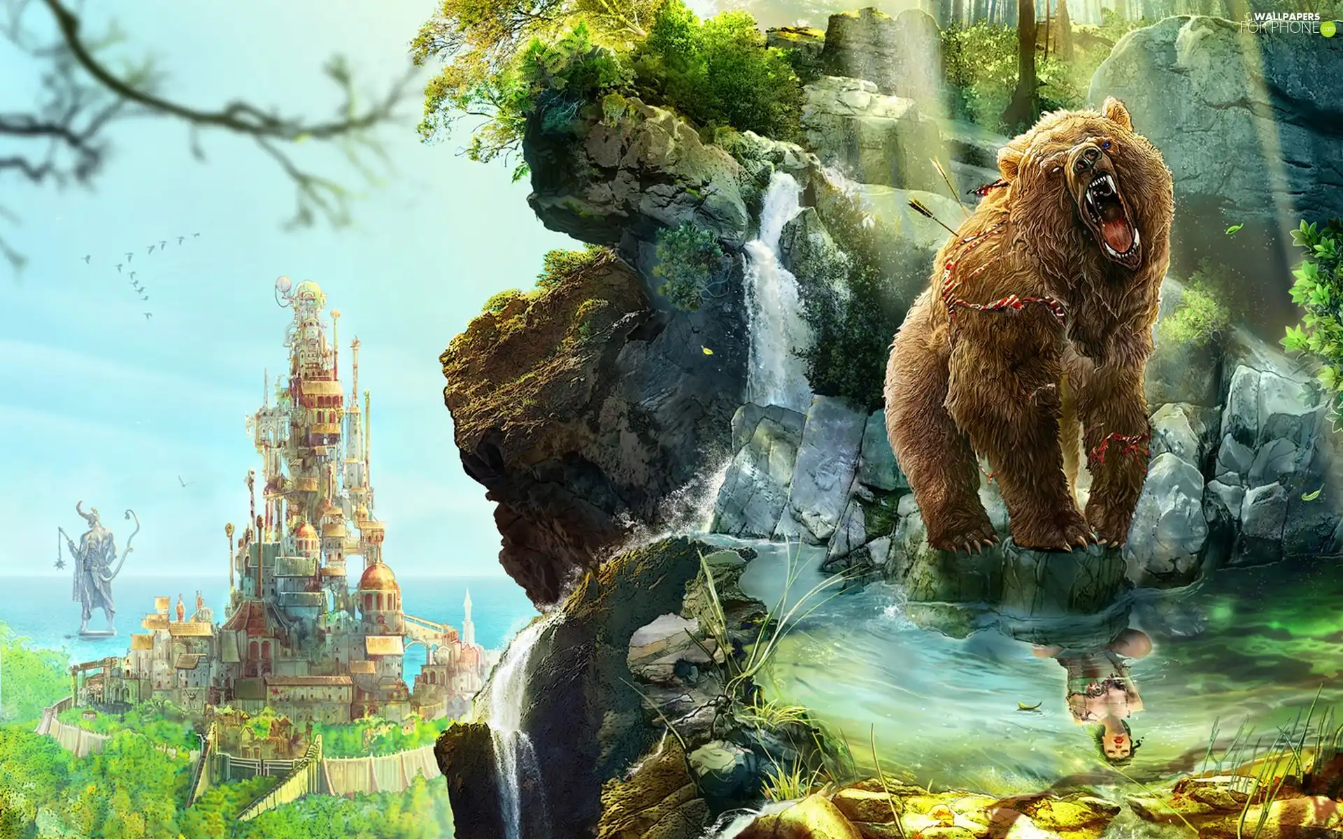 Women, Bear, Castle, reflection, roaring, rocks, fantasy