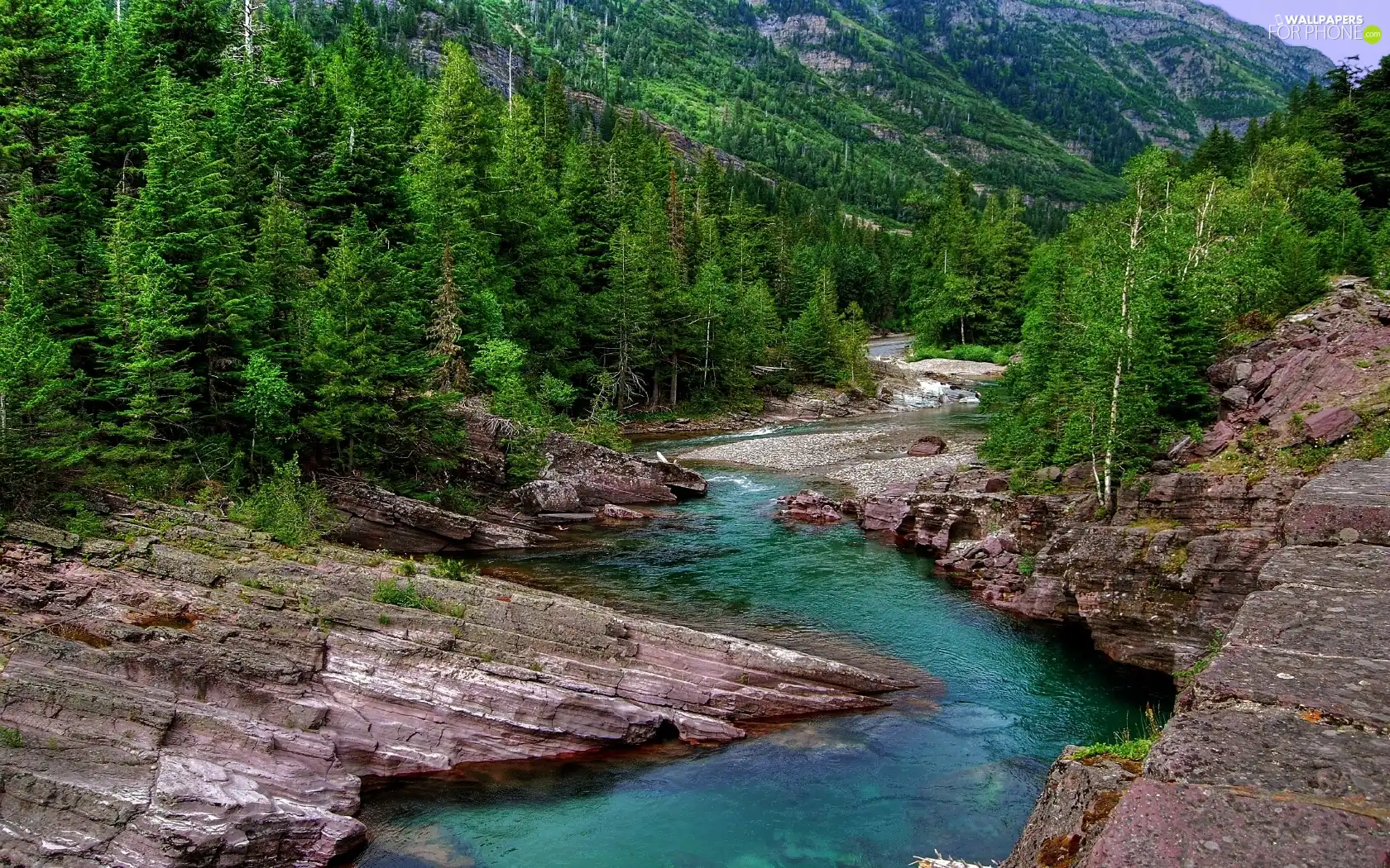 Mountains, River, rocks, woods
