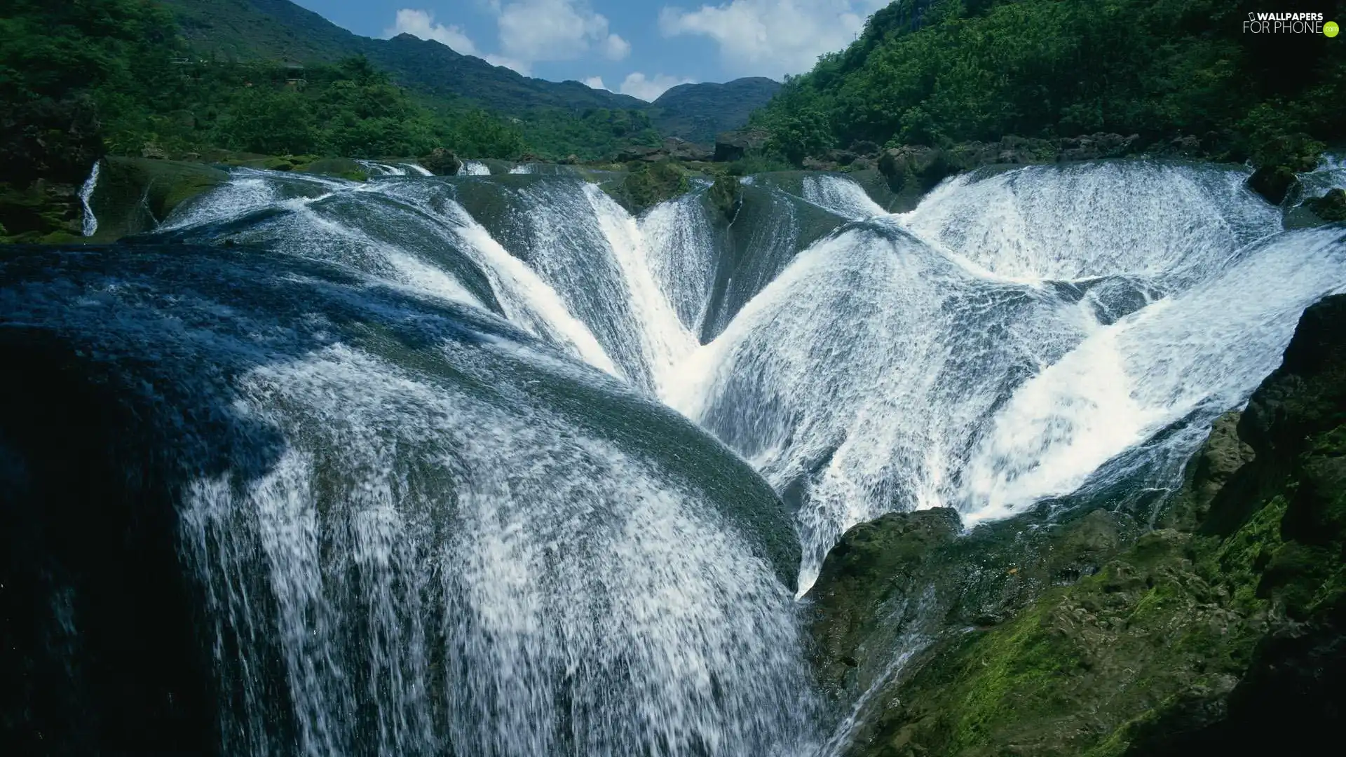 rocks, waterfall, Mountains