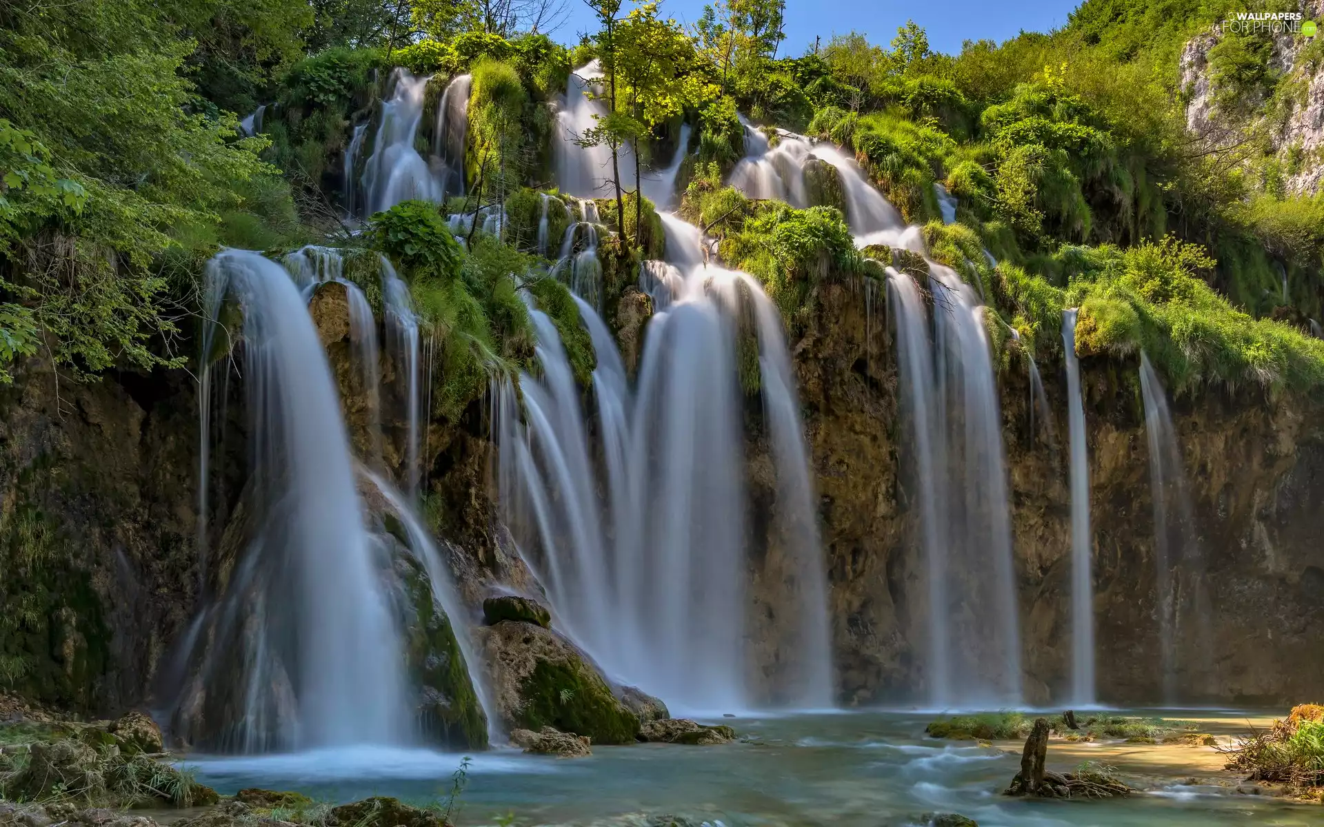 green ones, Plants, Coartia, trees, Plitvice Lakes National Park, rocks, waterfall, viewes