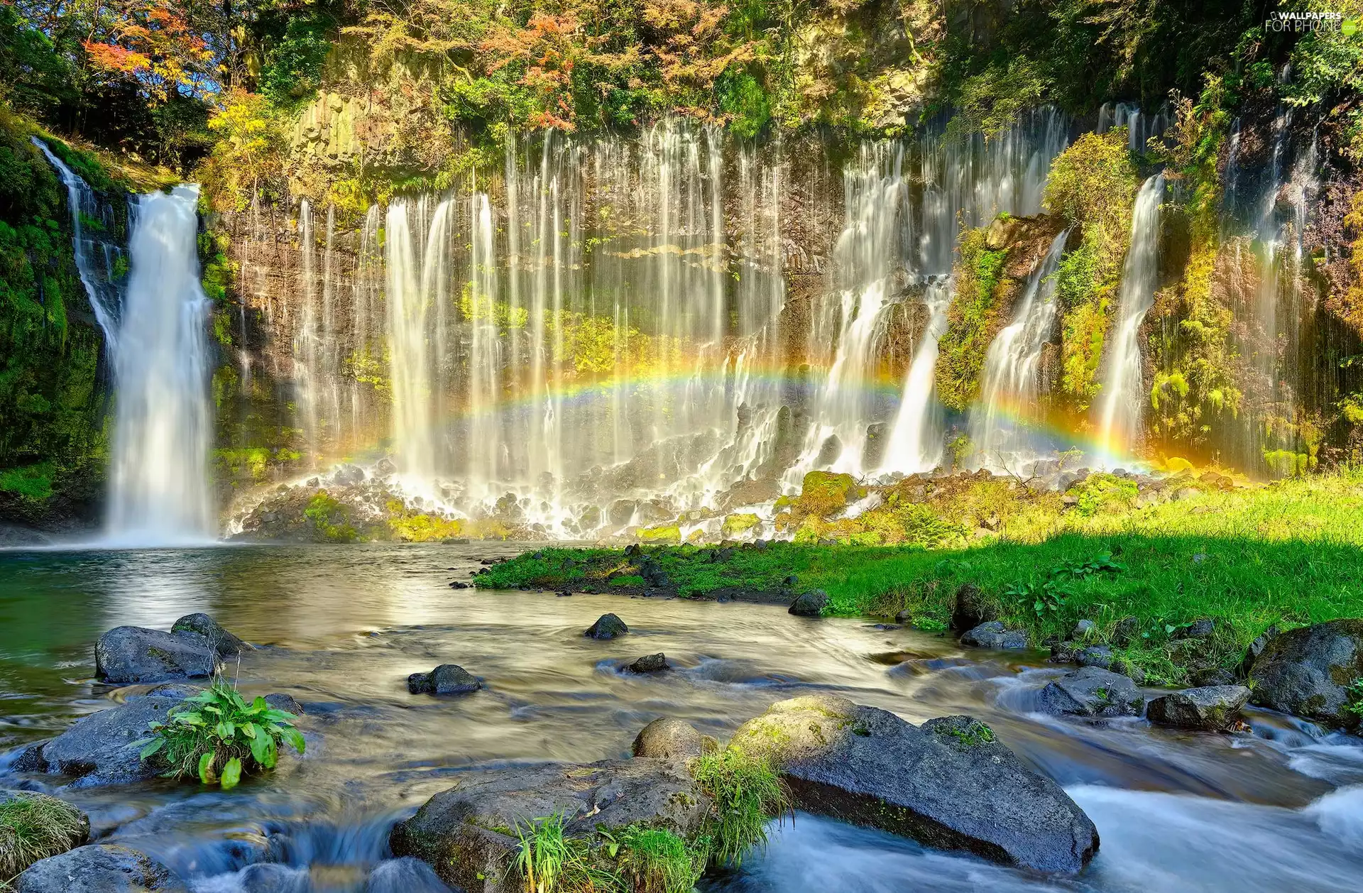 Rocks, River, VEGETATION, Stones, viewes, Great Rainbows, waterfall, trees