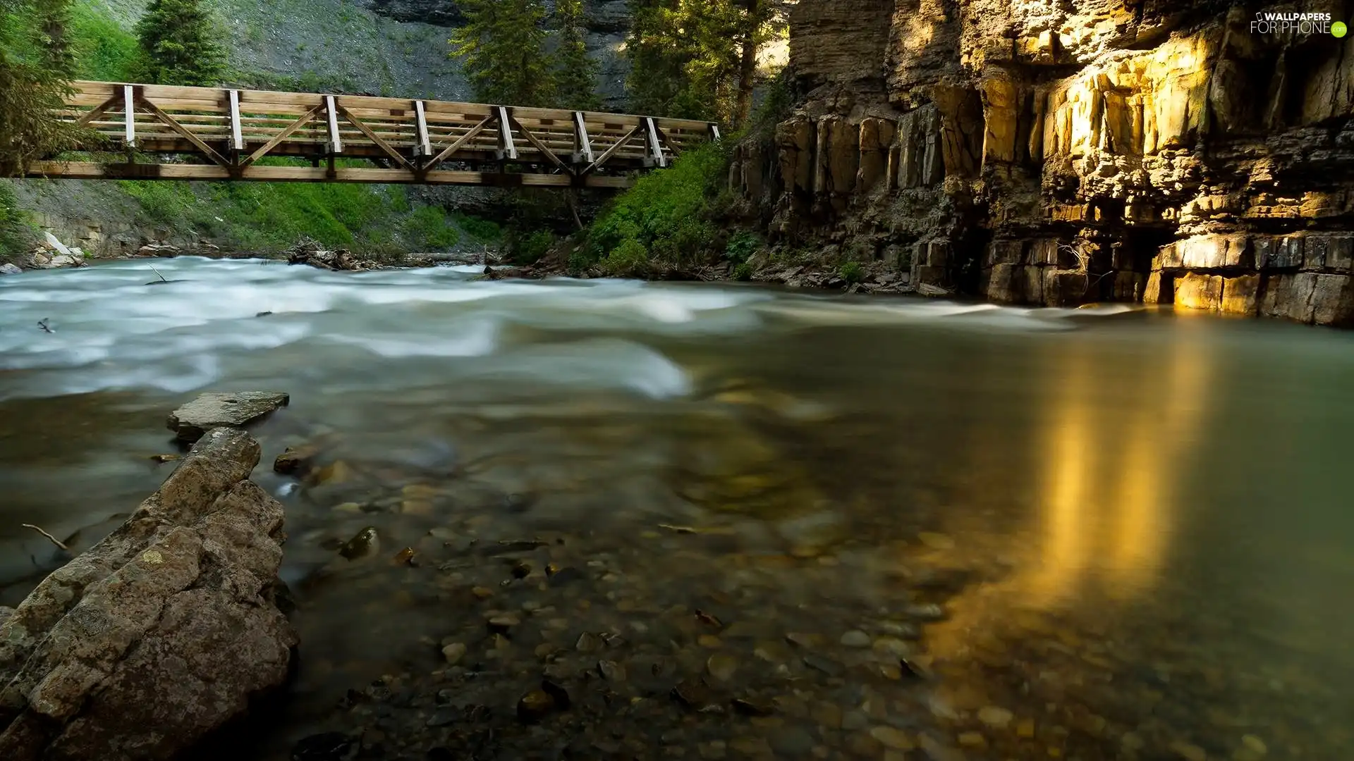 River, bridge, rocks, wooden