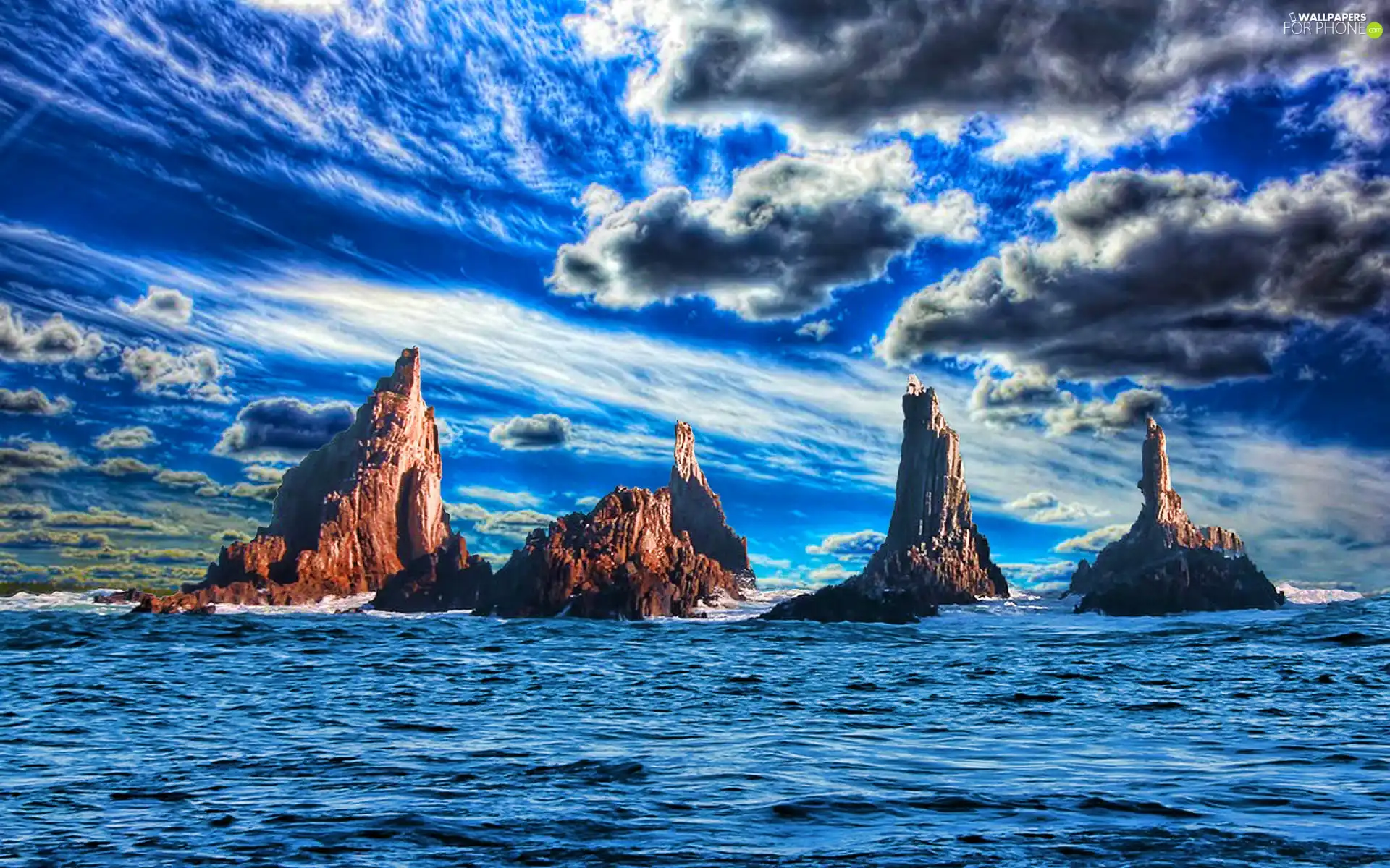 rocks, clouds, sea