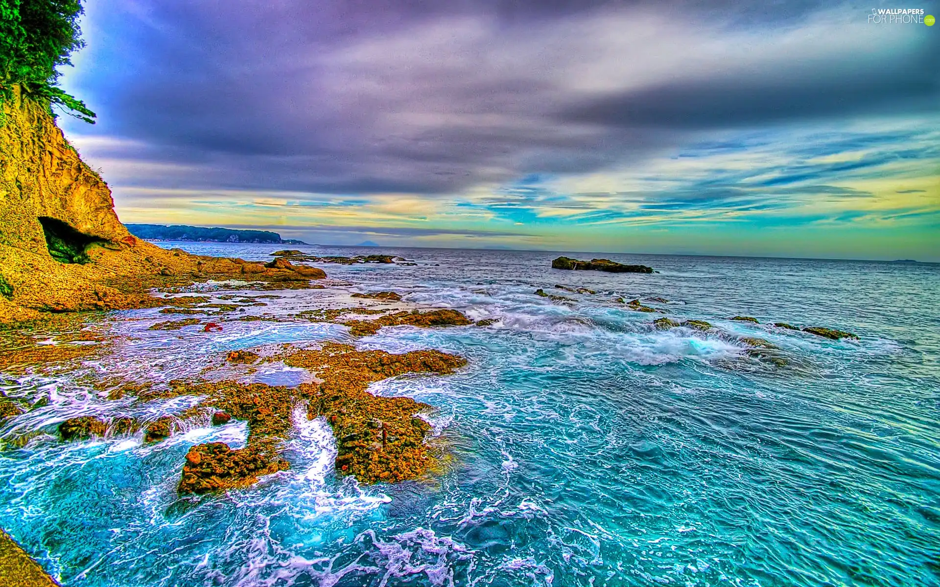 rocks, clouds, sea