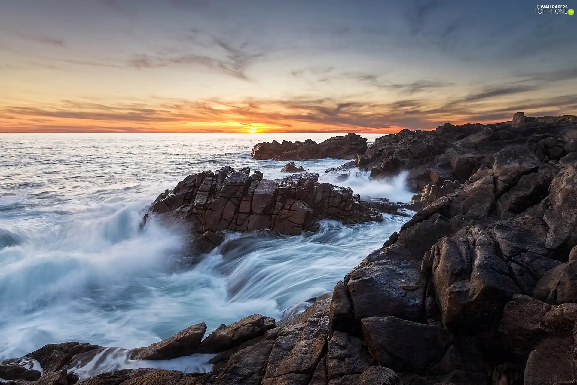 rocks, sea, Sunrise