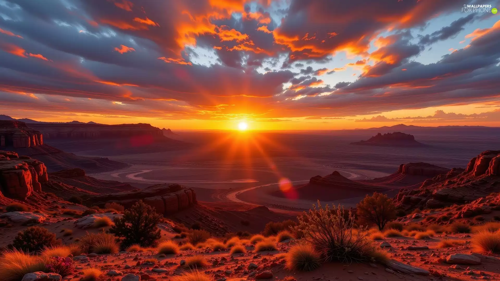 Tufts, Plant, clouds, rocks, Great Sunsets