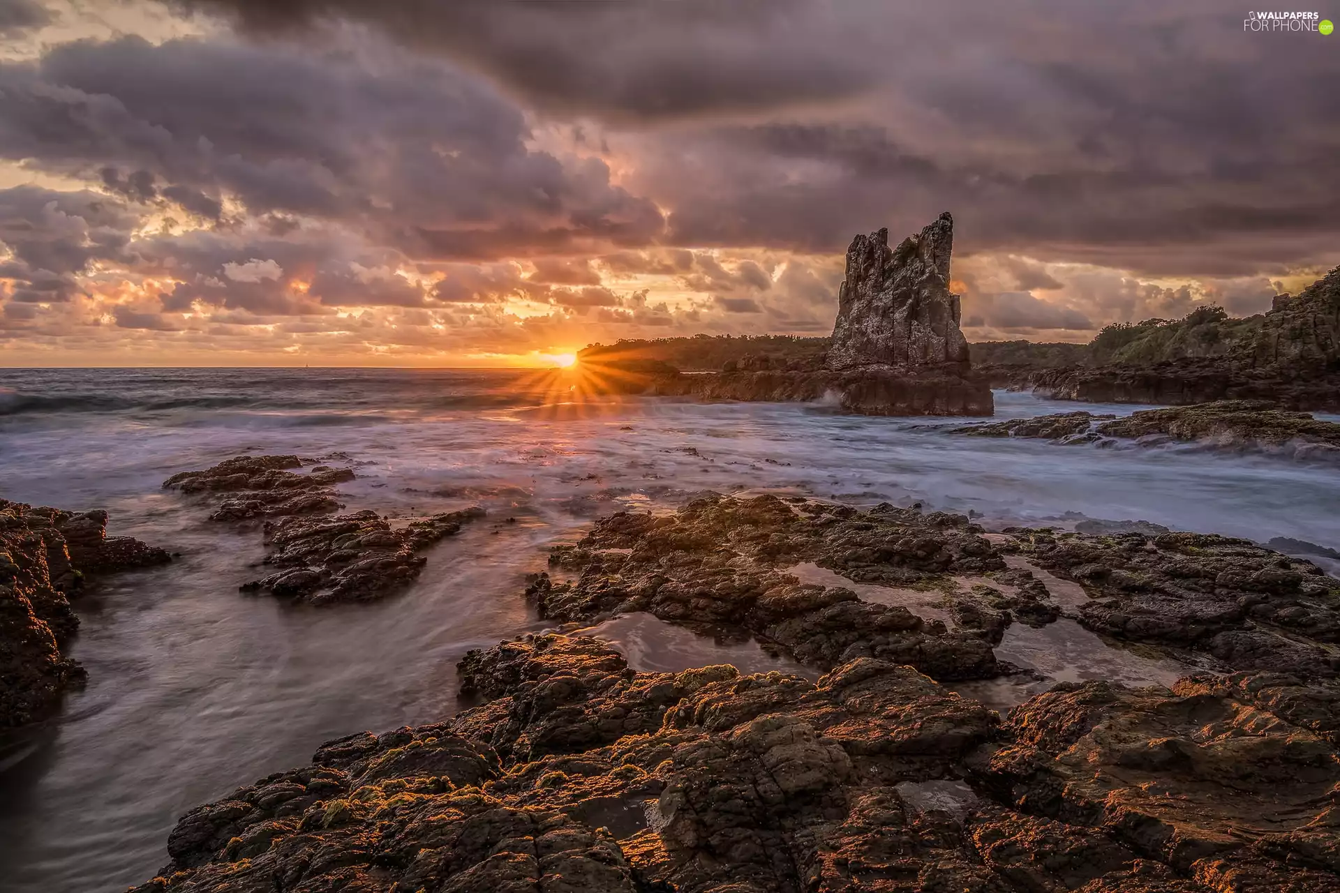 sea, clouds, Coast, rocks, Great Sunsets