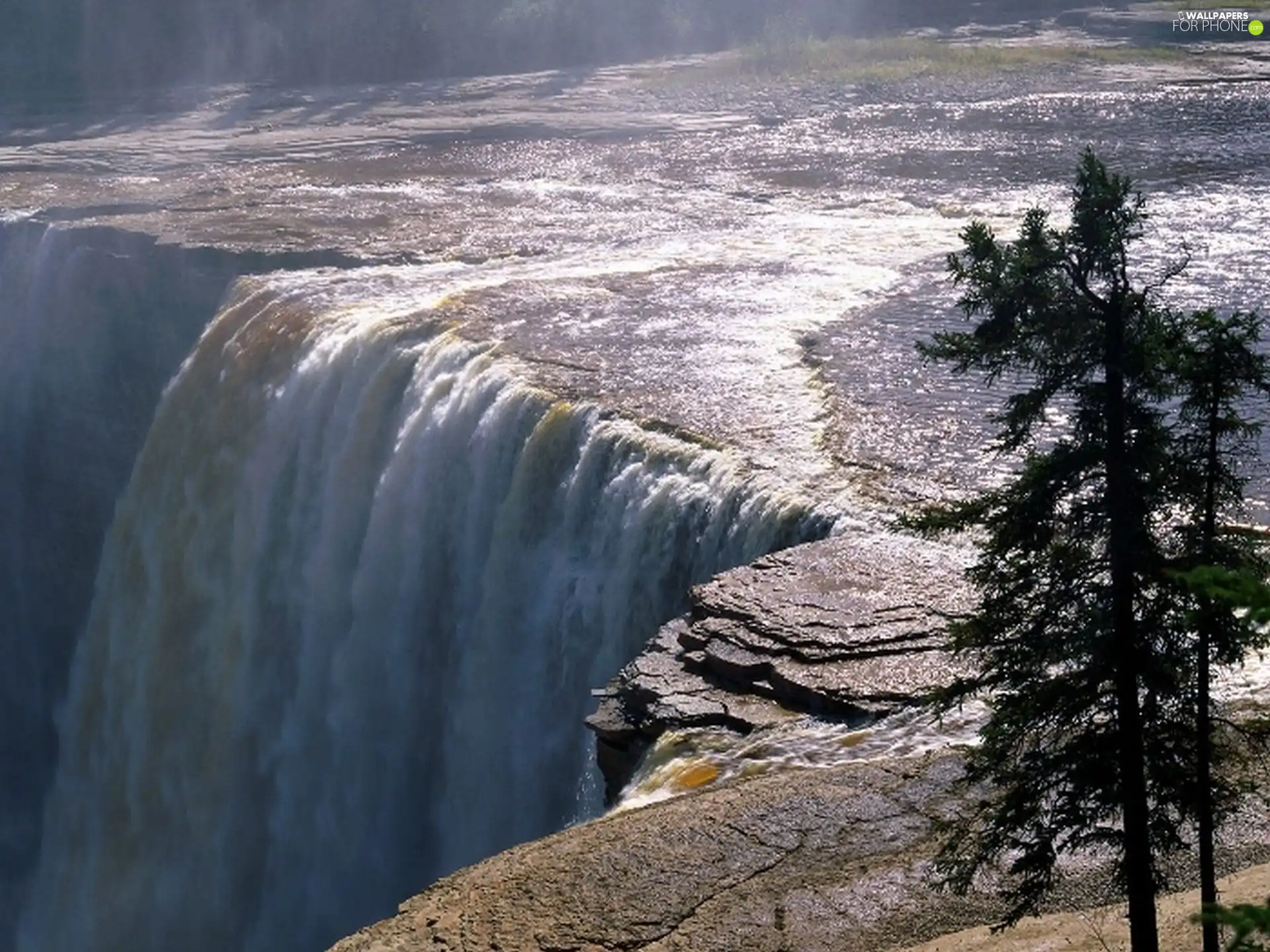 Rocks, waterfall, trees