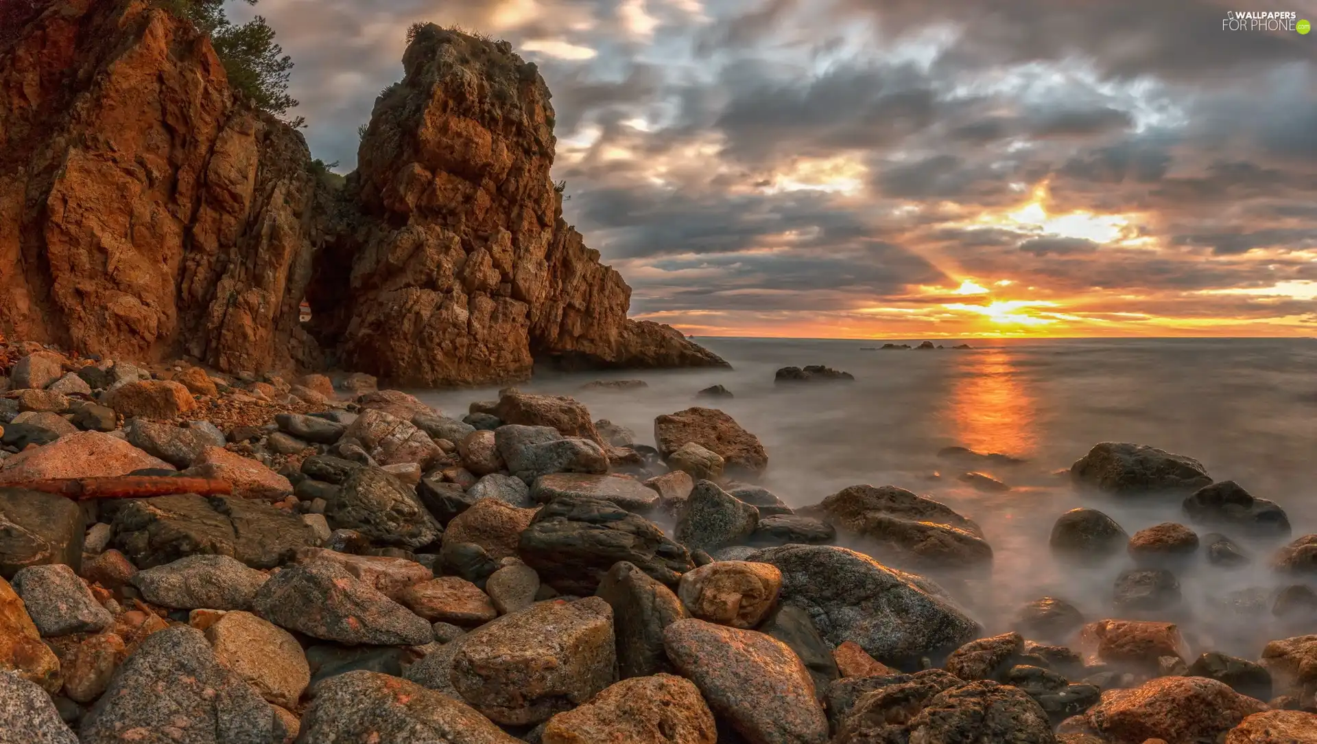 west, sea, rocks, sun