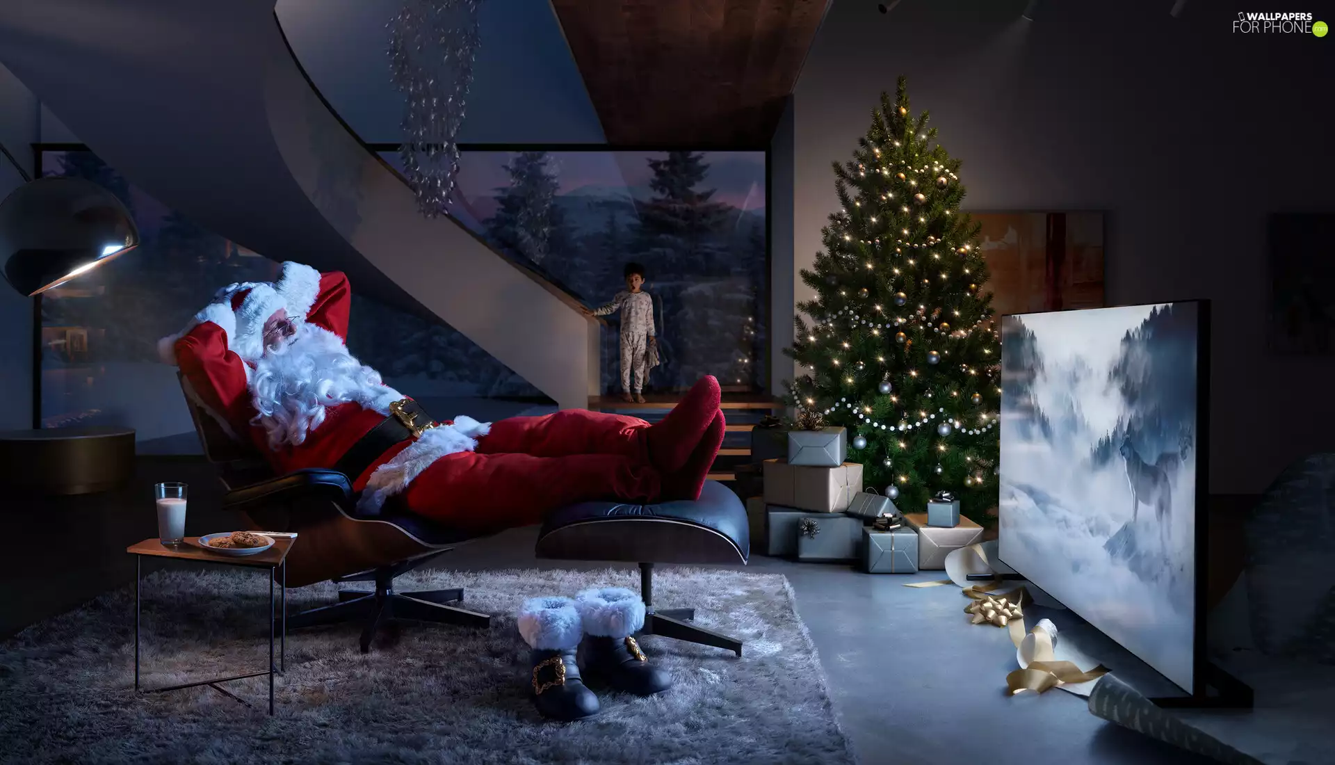 Room, Stairs, gifts, christmas tree, TV, Kid, Santa, Armchair
