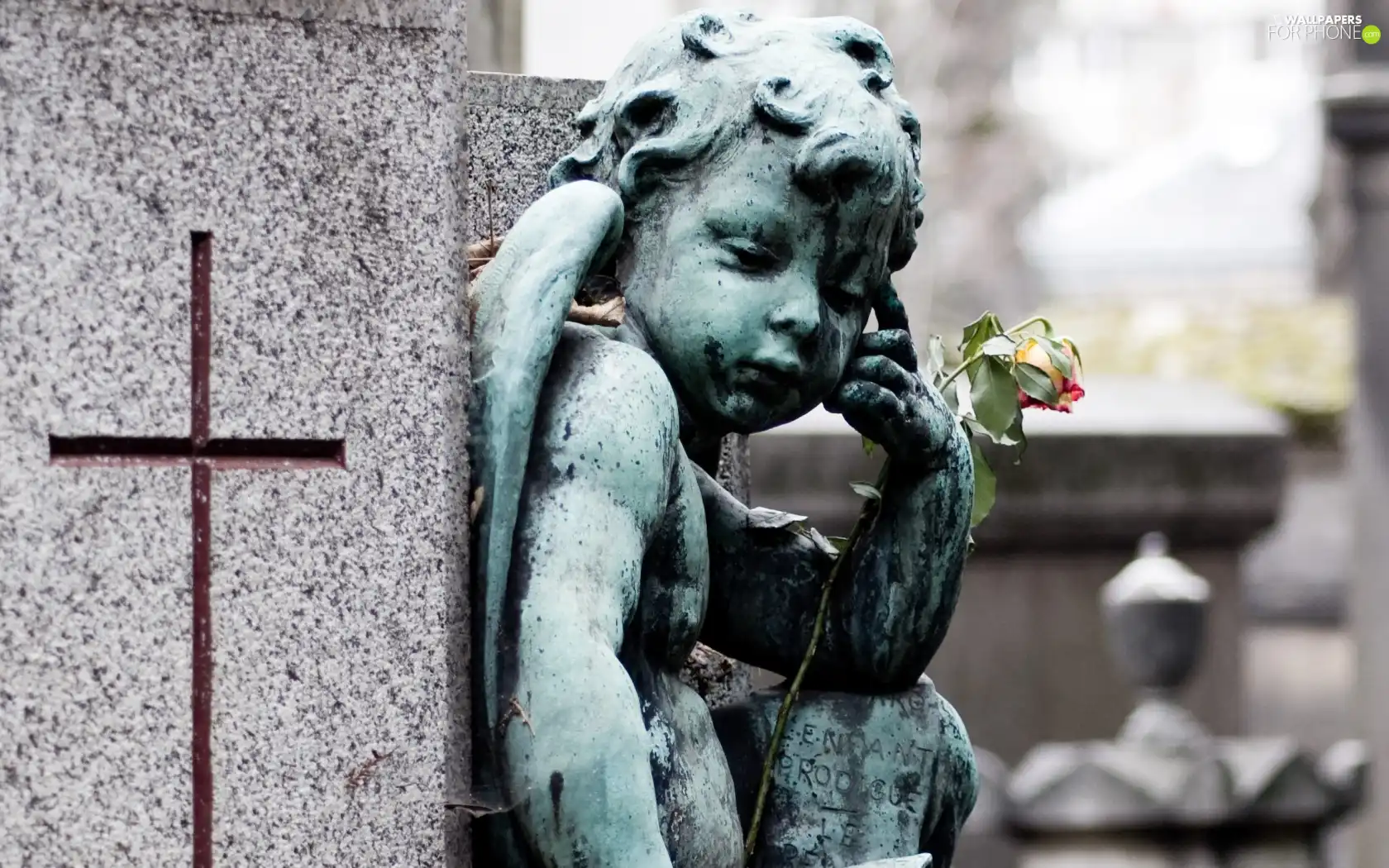 cemetery, angel, rose, statuette