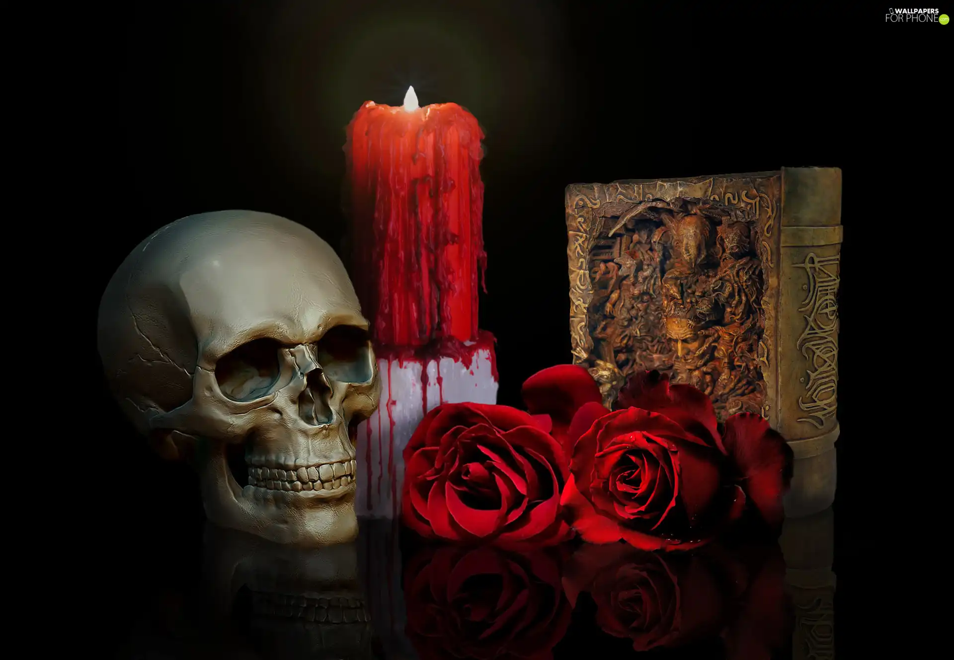 book, skull, roses, candle