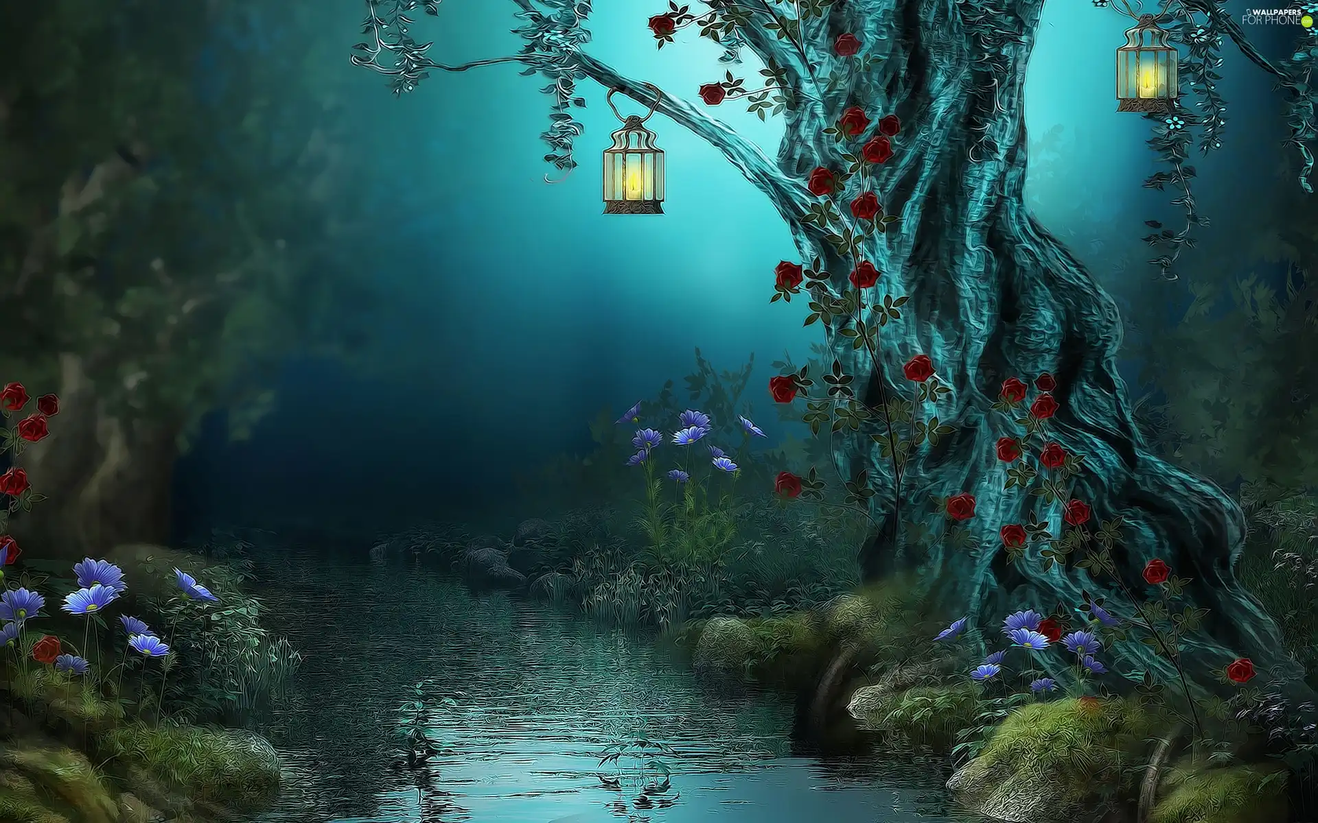 River, Lanterns, roses, trees