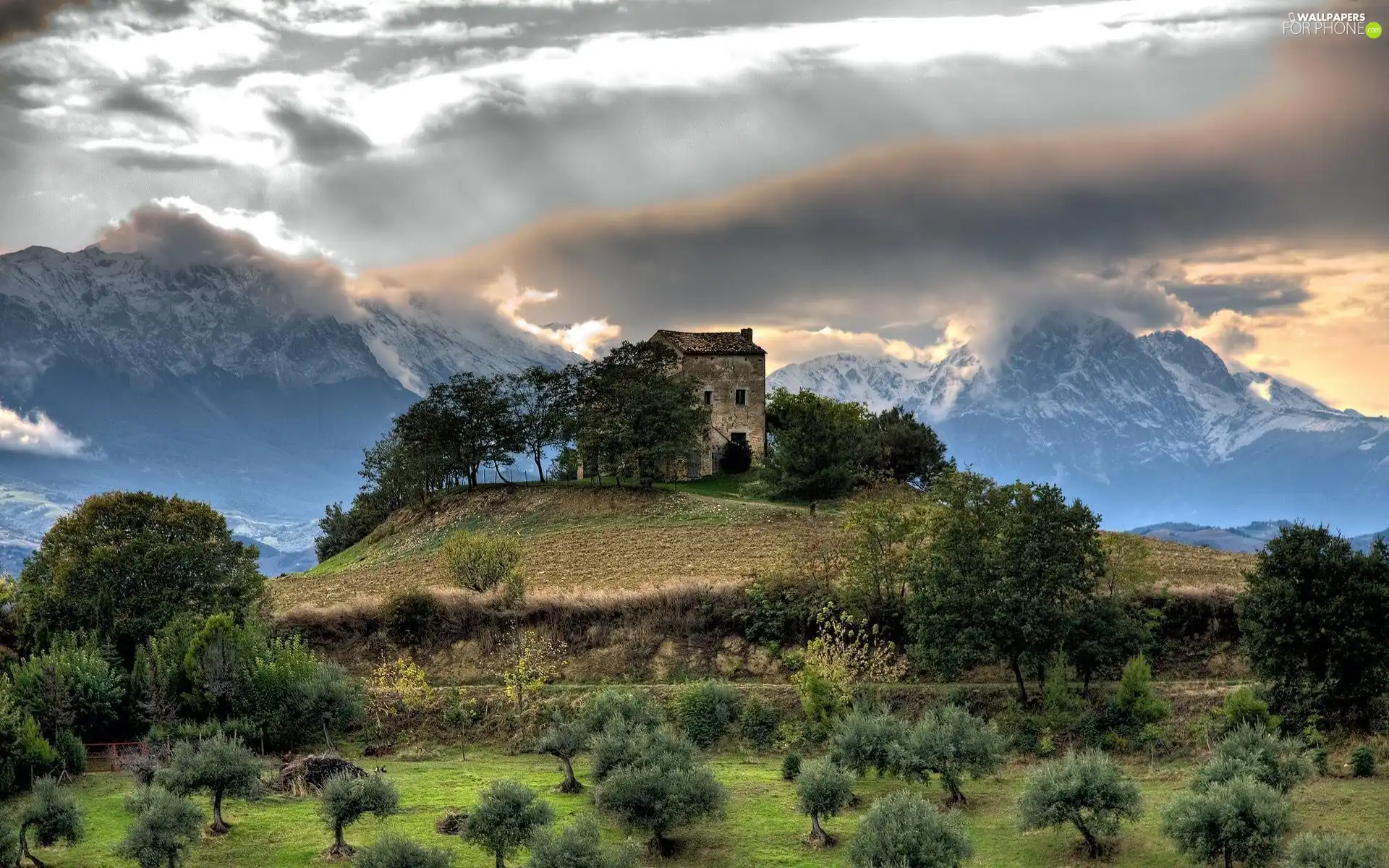 ruin, Hill, clouds