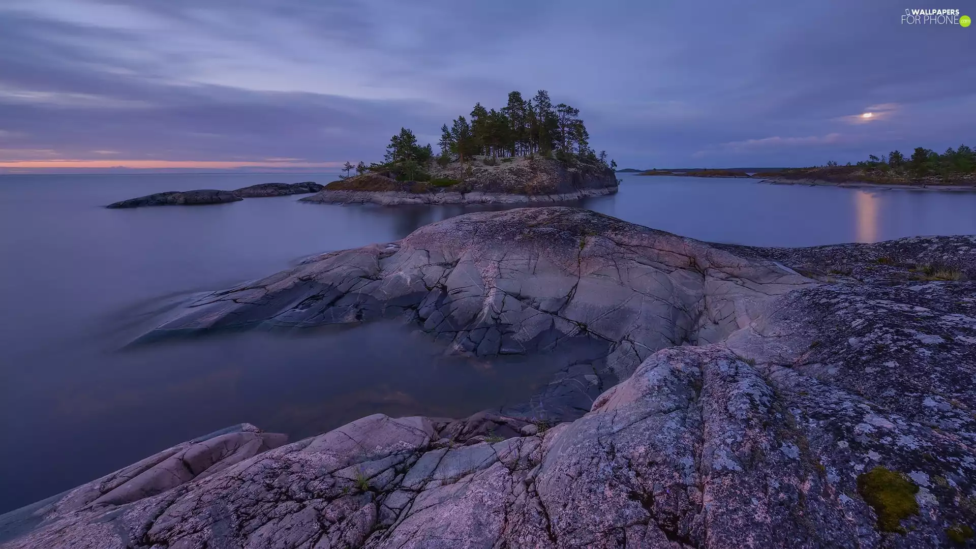 rocks, lake, Karelia, Russia, Great Sunsets, Ladoga