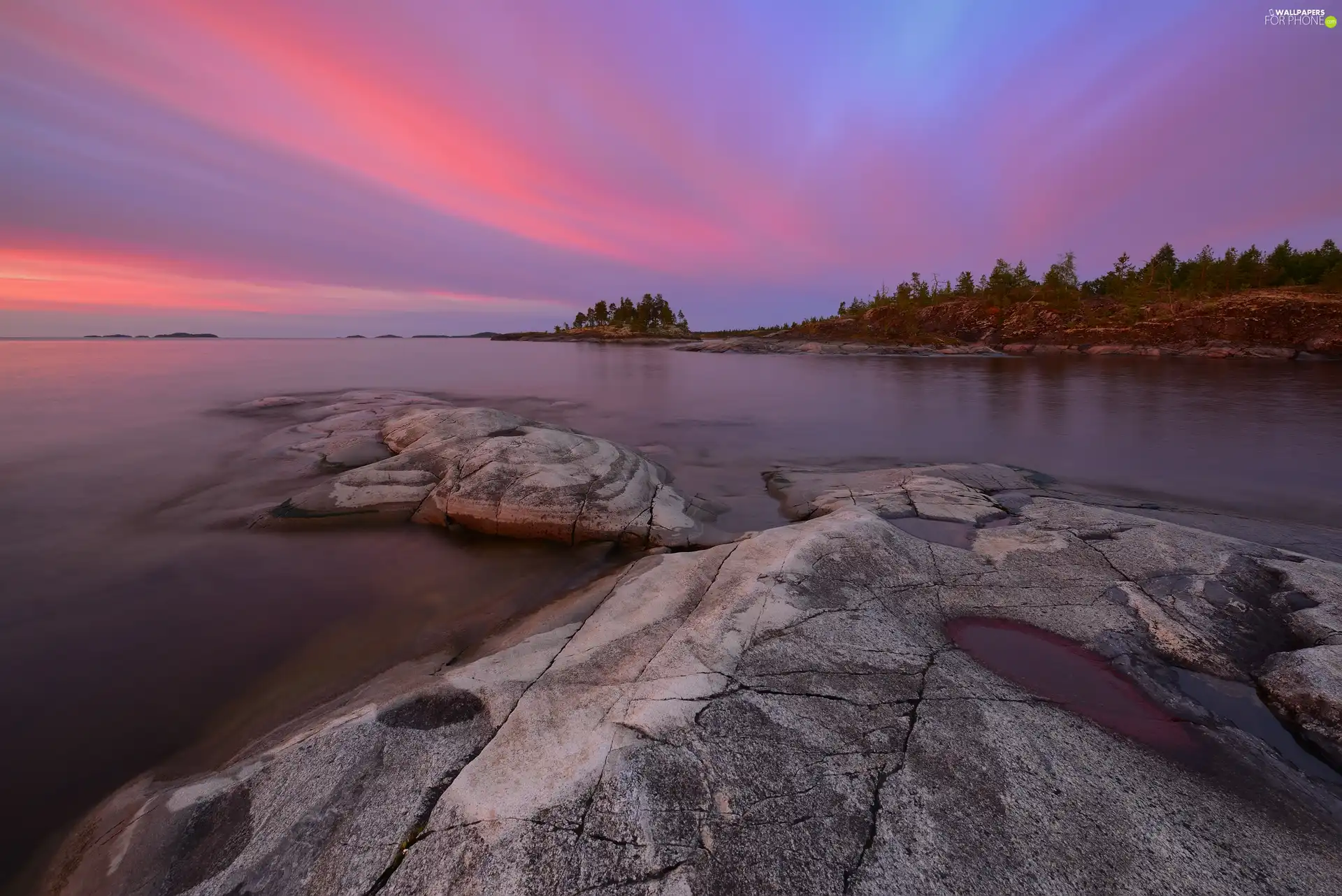 rocks, lake, Karelia, Russia, clouds, Ladoga