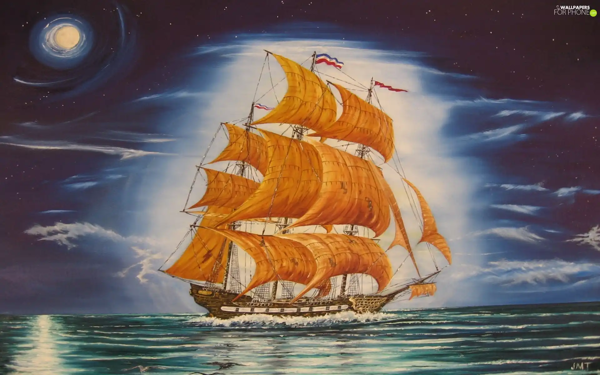 moon, sea, sailing vessel