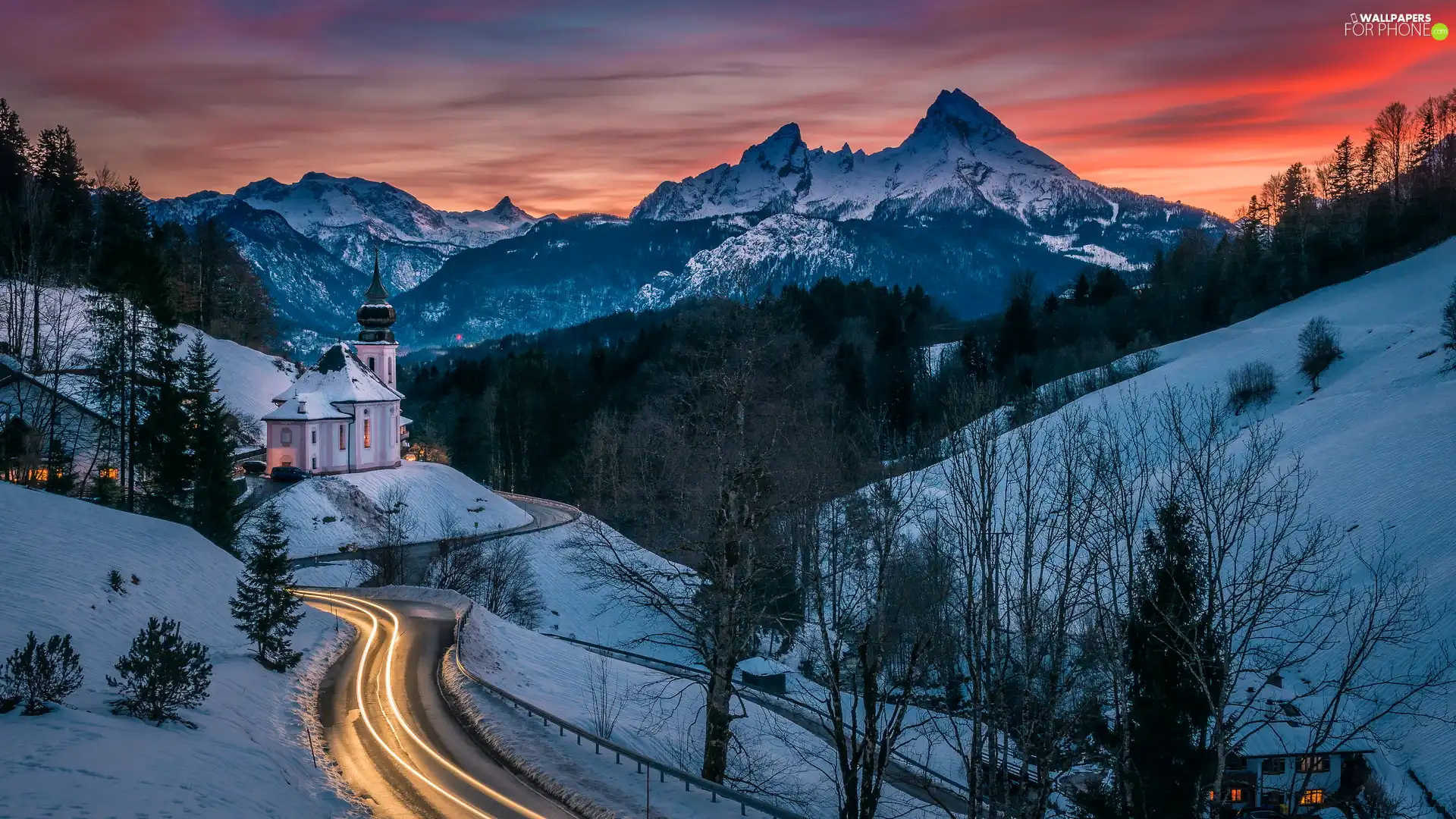 trees, woods, Bavaria, Sanctuary of Maria Gern, Germany, winter, Church, viewes, Mountains, Great Sunsets, Way, Berchtesgaden, Salzburg Slate Alps
