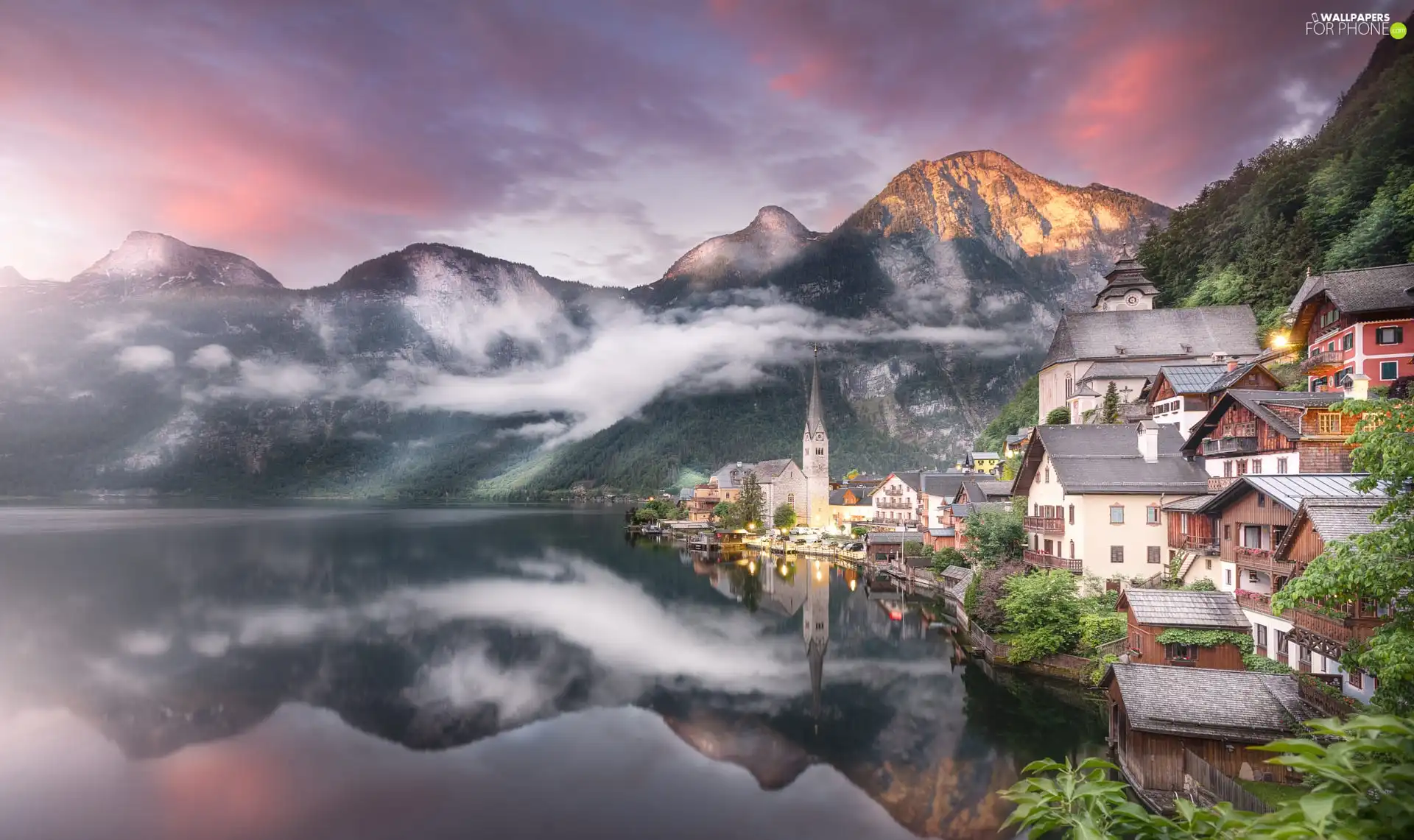 Salzburg Slate Alps, Austria, Houses, Fog, Hallstattersee Lake, Hallstatt