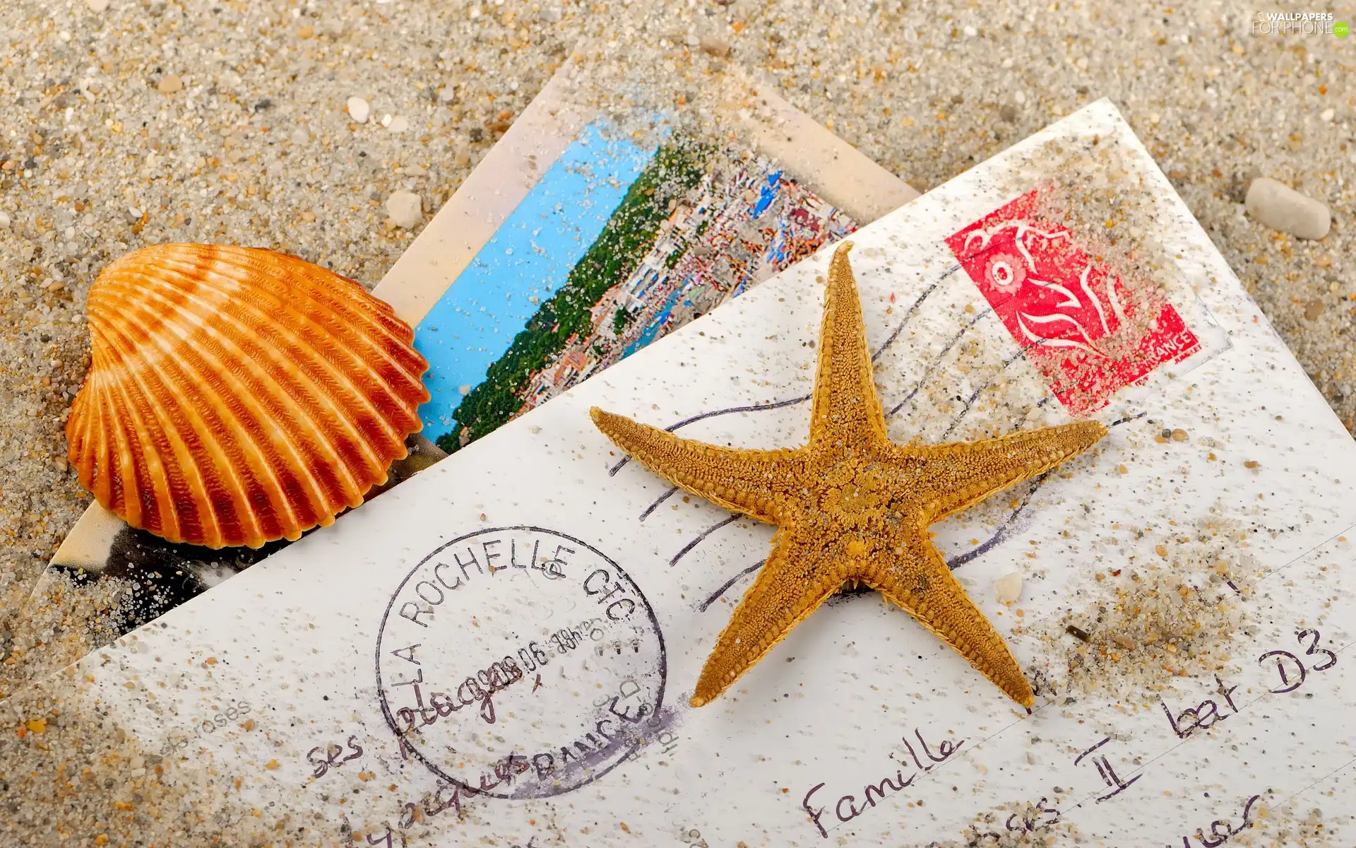 Postcards, starfish, Sand, shell