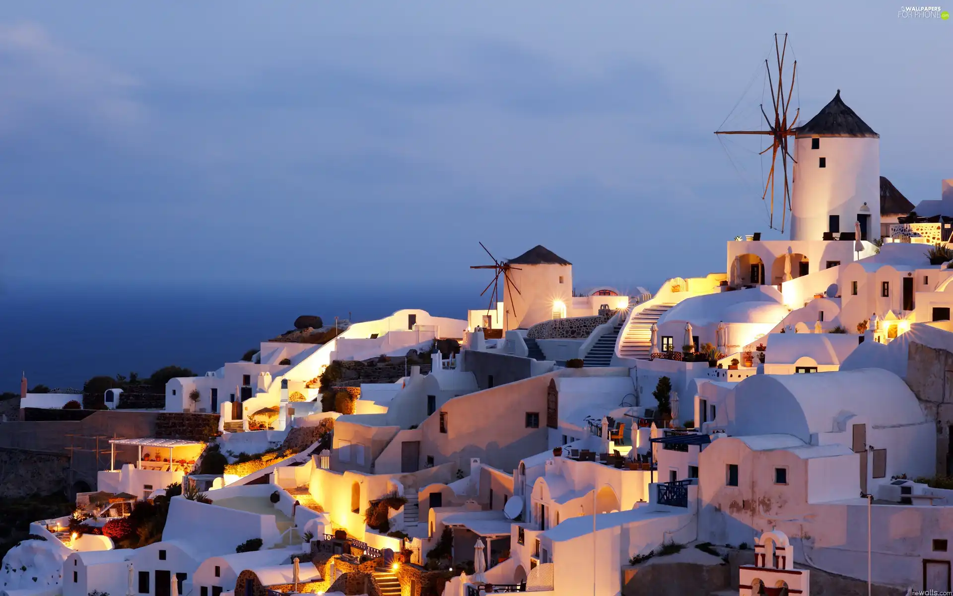 santorini, Greece, Houses, Night, Windmills