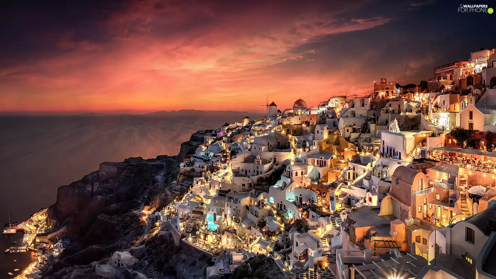 Town, Great Sunsets, santorini, Greece, Houses, sea