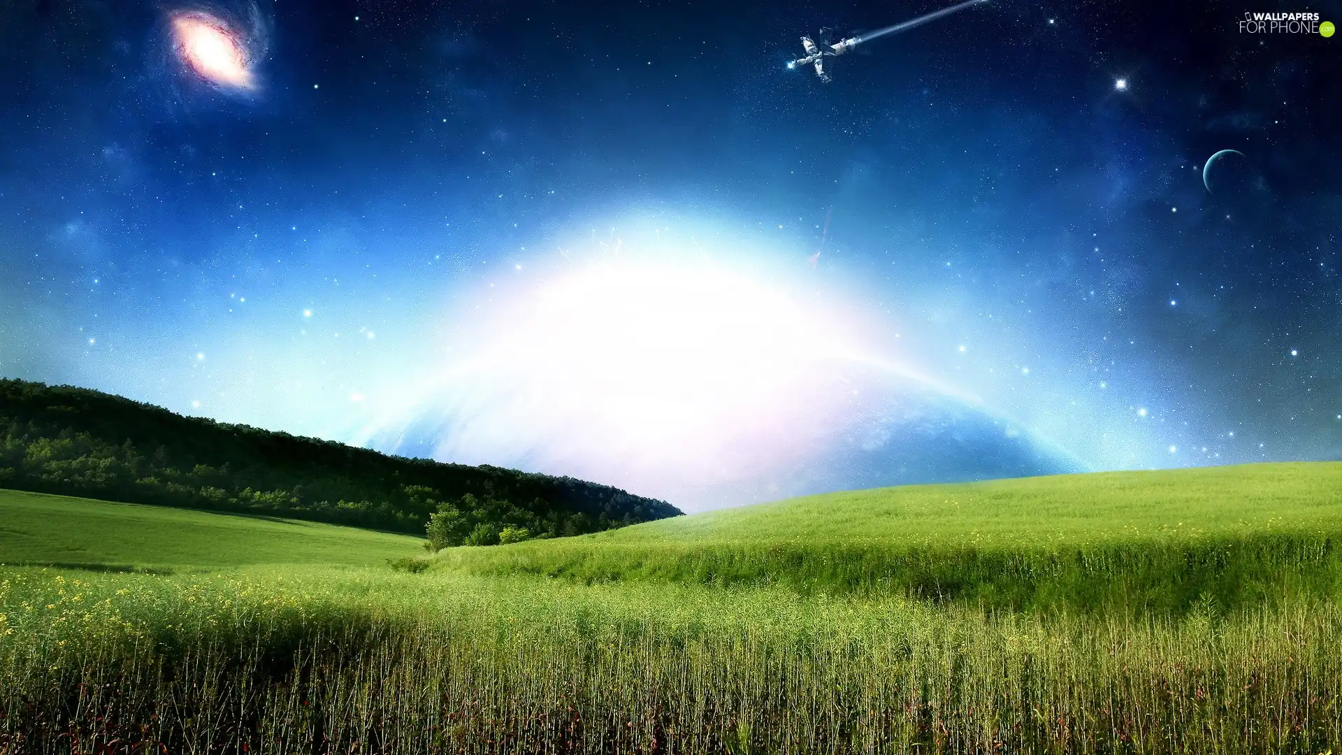 Sky, Field, satellite, star, Planets, forest