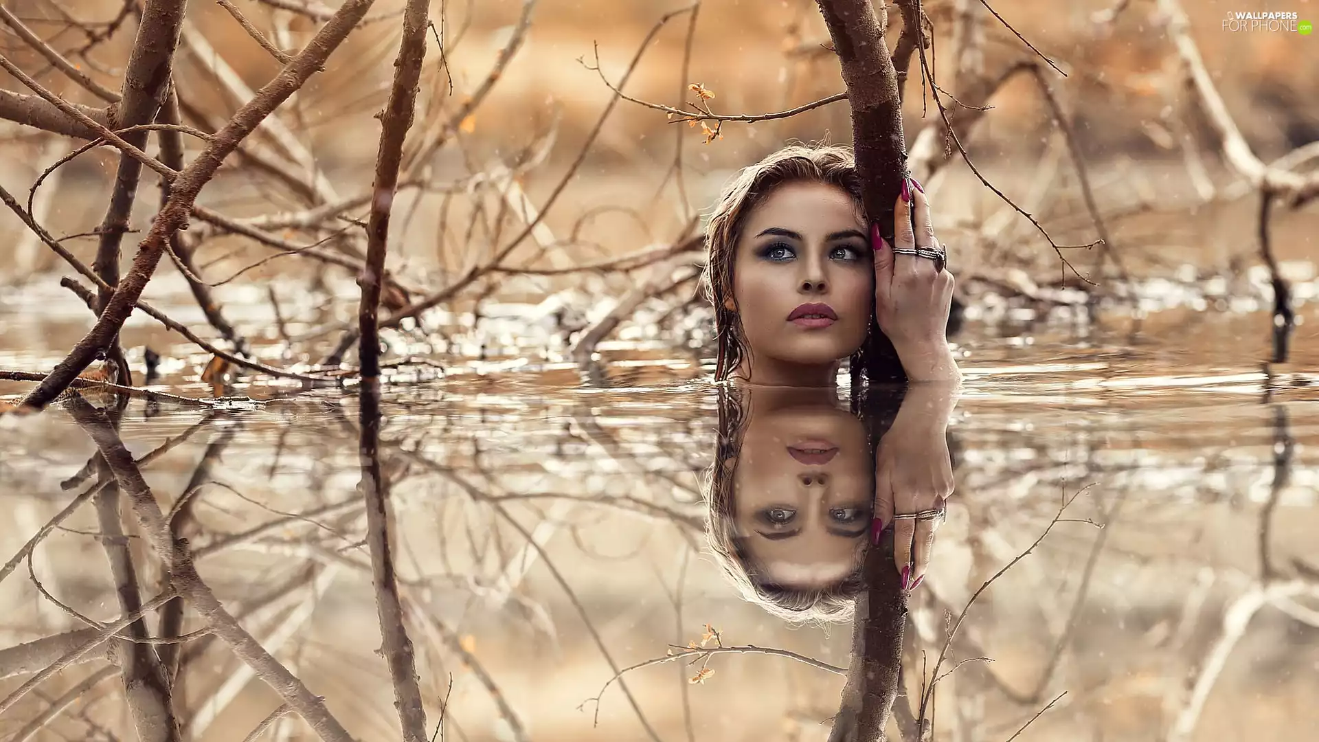 reflection, scrub, face, water, Women