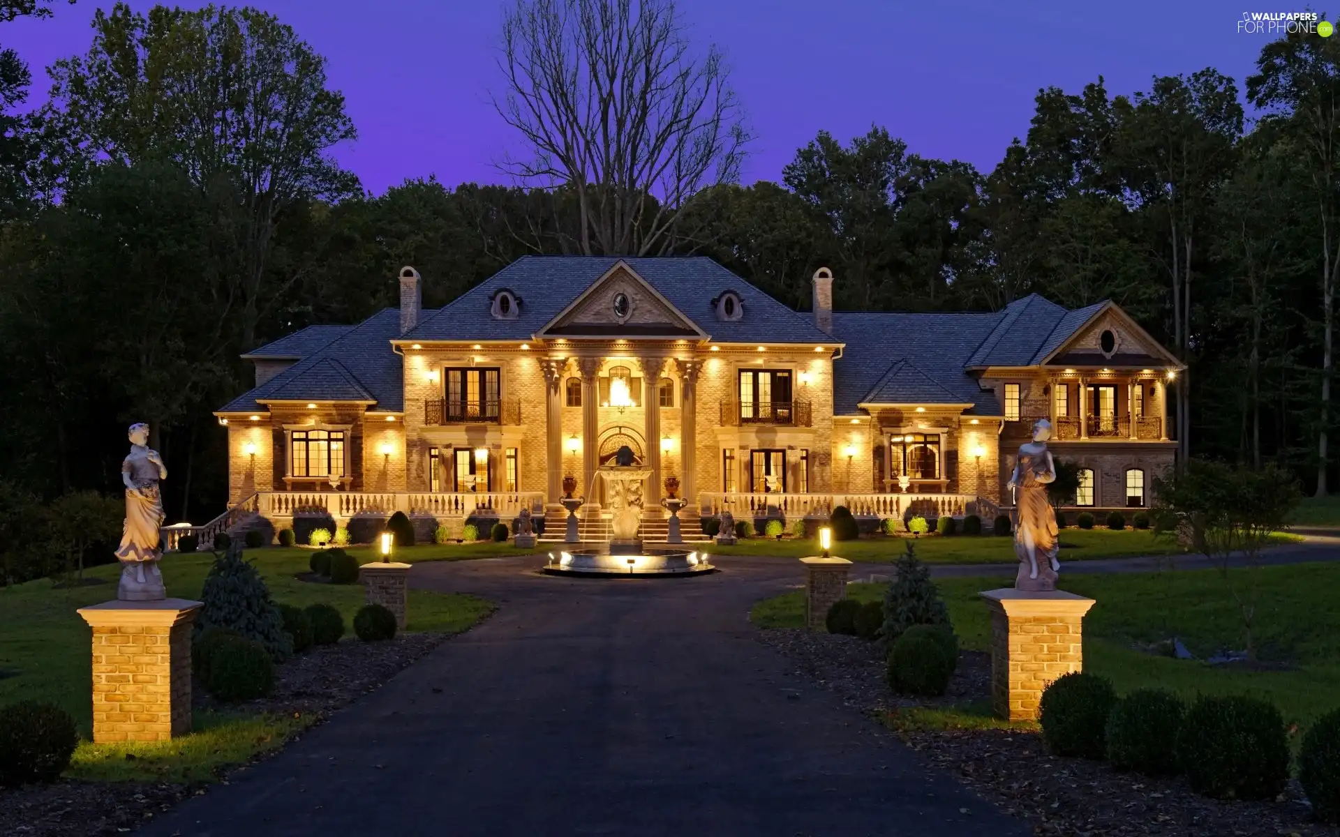 Floodlit, driveway, Sculpture, house