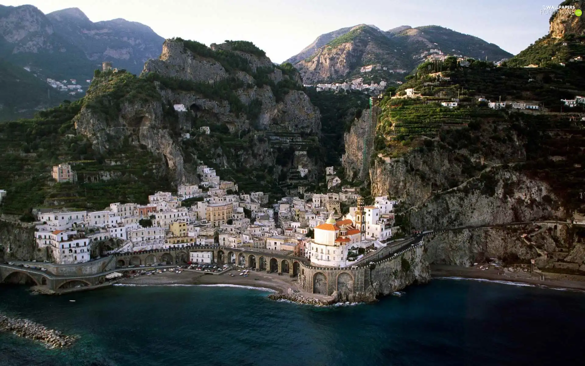 Atrani, Mountains, sea, Town